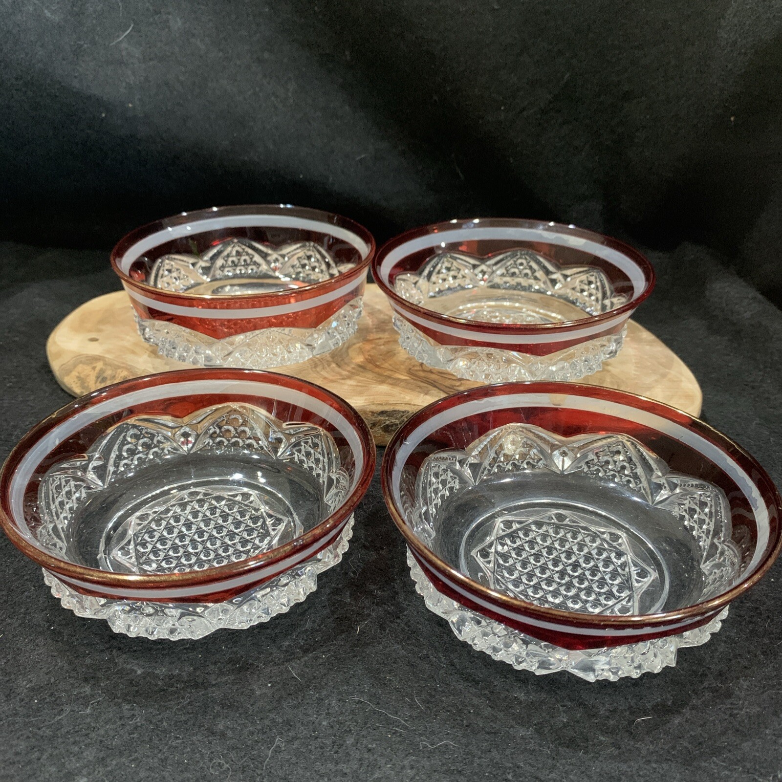 EAPG CLEAR with RUBY STAIN DUNCAN MILLER (4)PC.”BUTTON ARCHES” BERRY SET Bowls