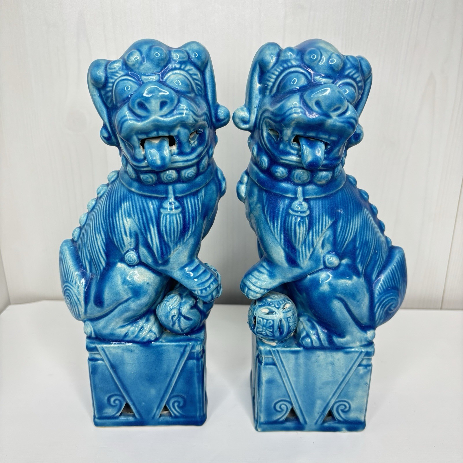 VTG Asian Turquoise Blue Glazed Ceramic 9″ Foo Dog Guardian Statues 1979 Japan