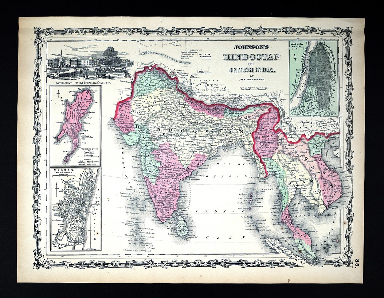 1860 Johnson Map India Hindoostan Burma Malaysia Nepal Madras Calcutta Bombay