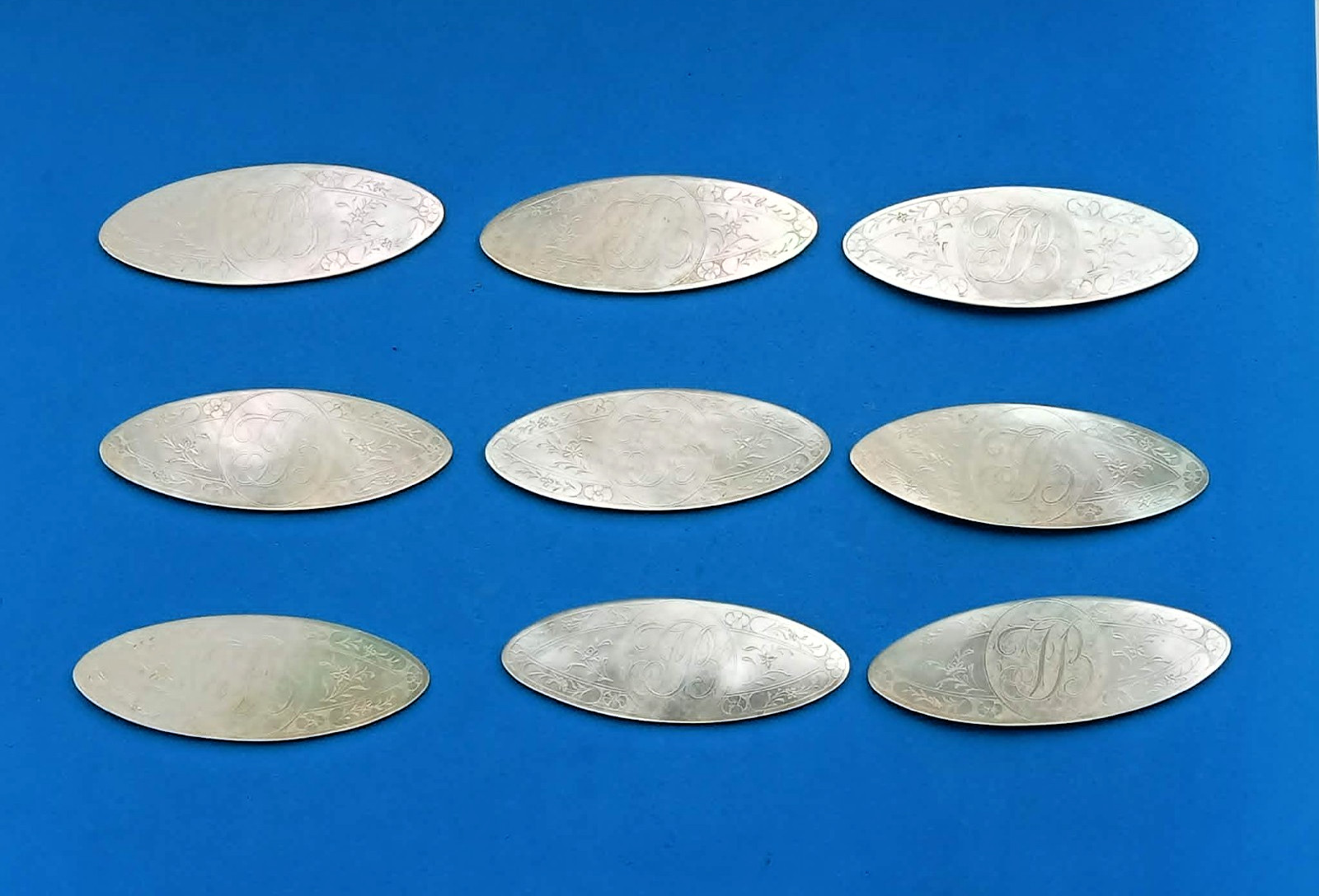 Lot of 9 Antique 18th C Chinese Mother of Pearl Gaming Tokens monogrammed ‘JB’