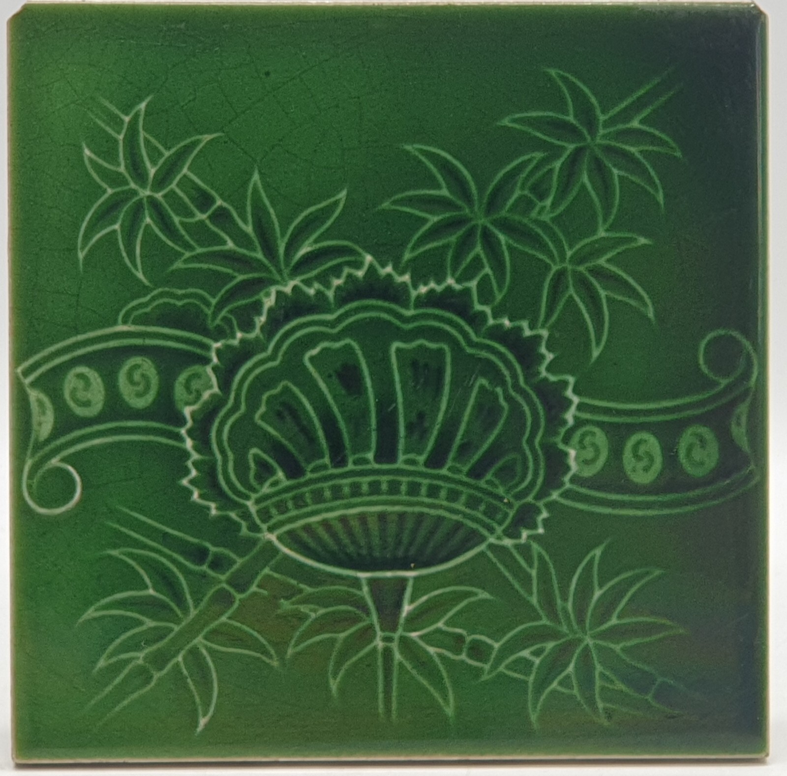 Scarce Art Nouveau Fireplace Floral Majolica Green Tile Henry Richards C1903 AE4