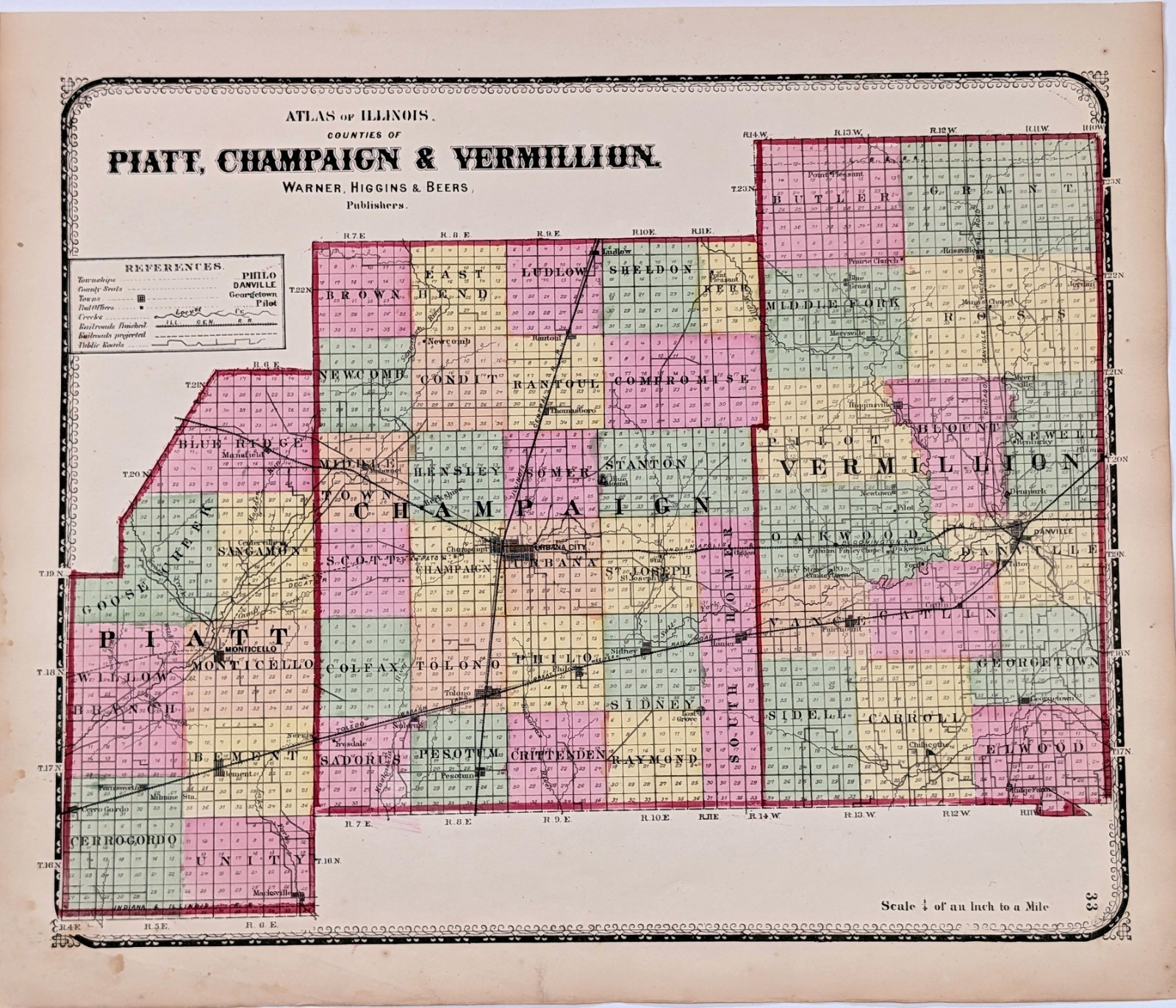 OLD 1871 ILLINOIS Map VERMILLION – CHAMPAIGN – PIATT County ORIGINAL (16×13)
