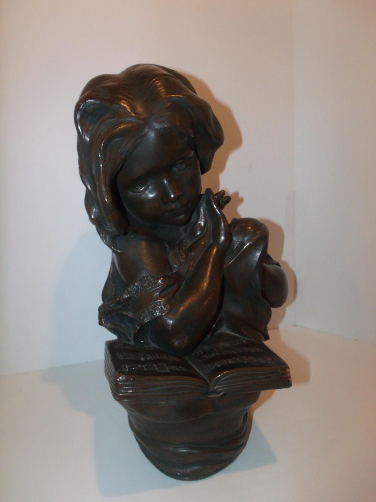 Vintage Plaster Bust Girl Reading Music / Display Art