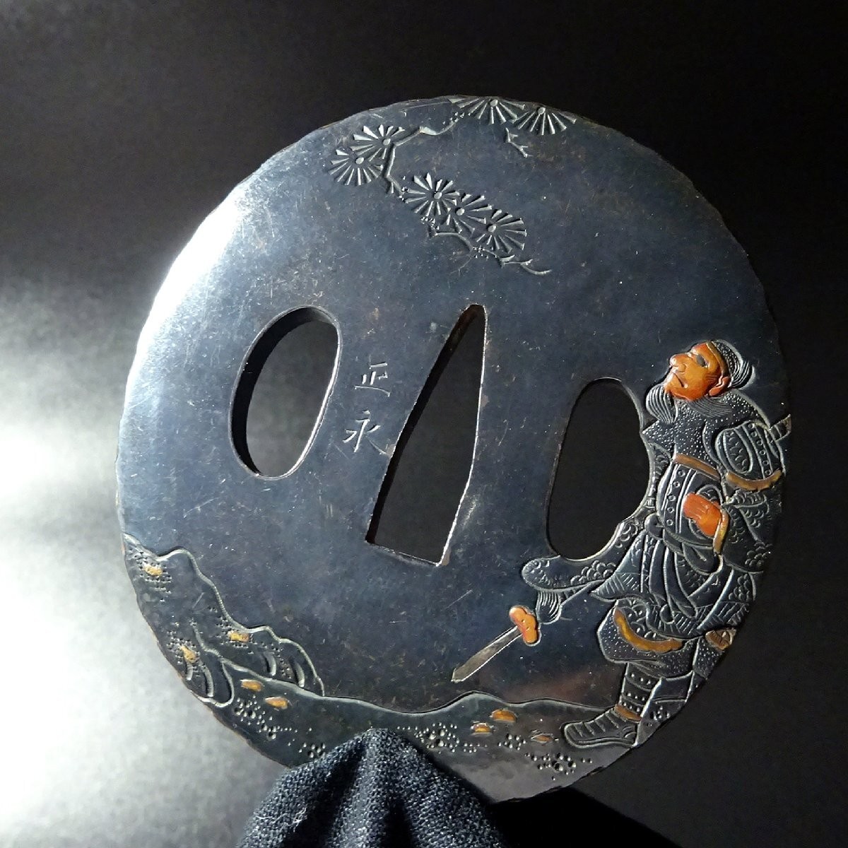 Japanese Katana Tosogu Tsuba Signed Mei Shoei SanGuo Zhi Guan Yu Red Copper