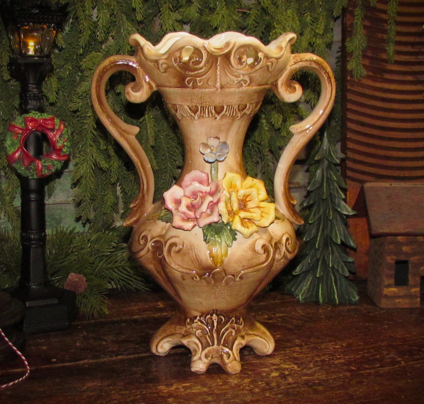 Vintage 1949 Capodimonte Flower Double Handle Rose Vase Italian Porcelain Signed