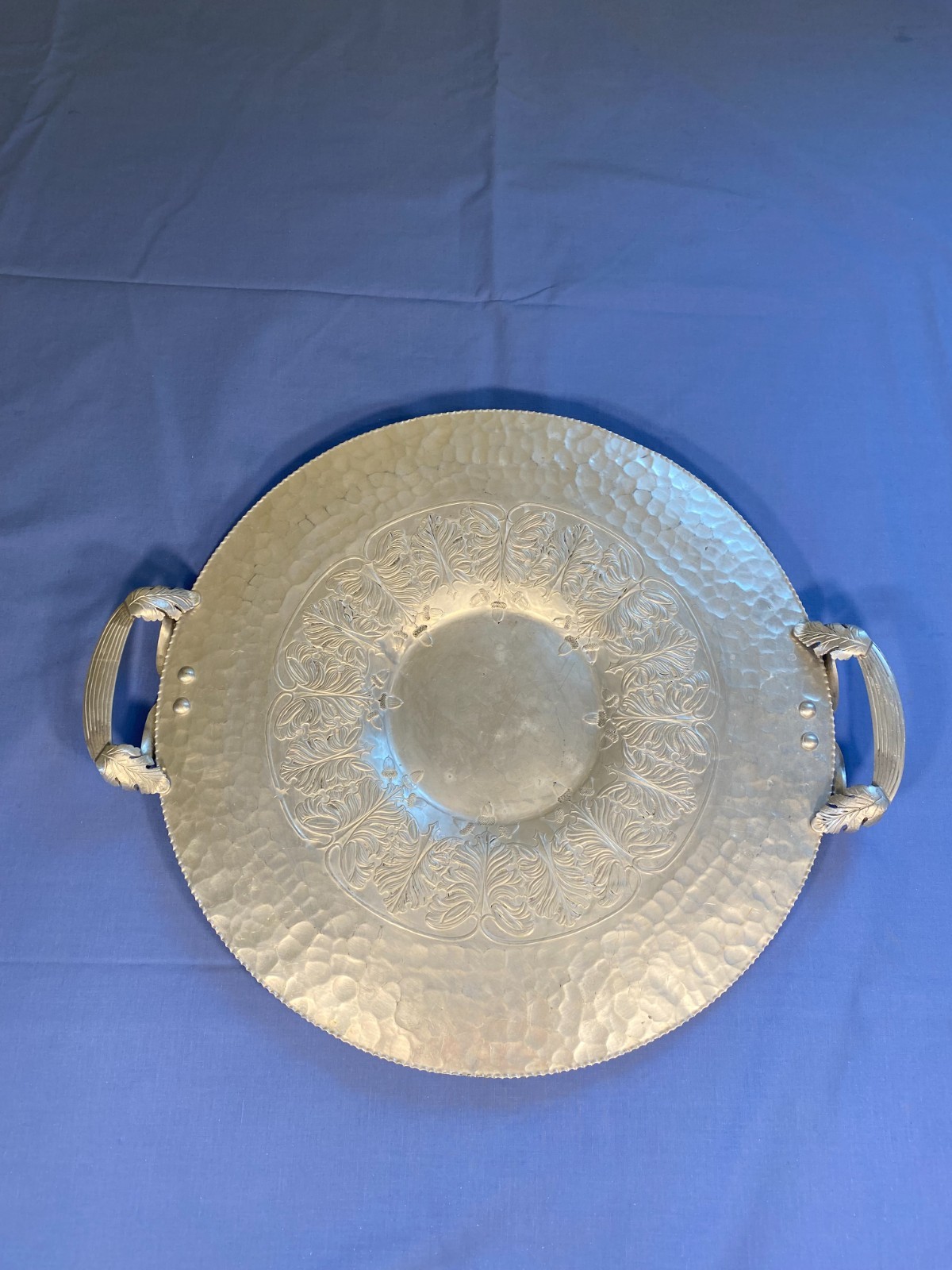 Vintage Continental Hand Wrought Aluminum Platter 520 Leaf Handles