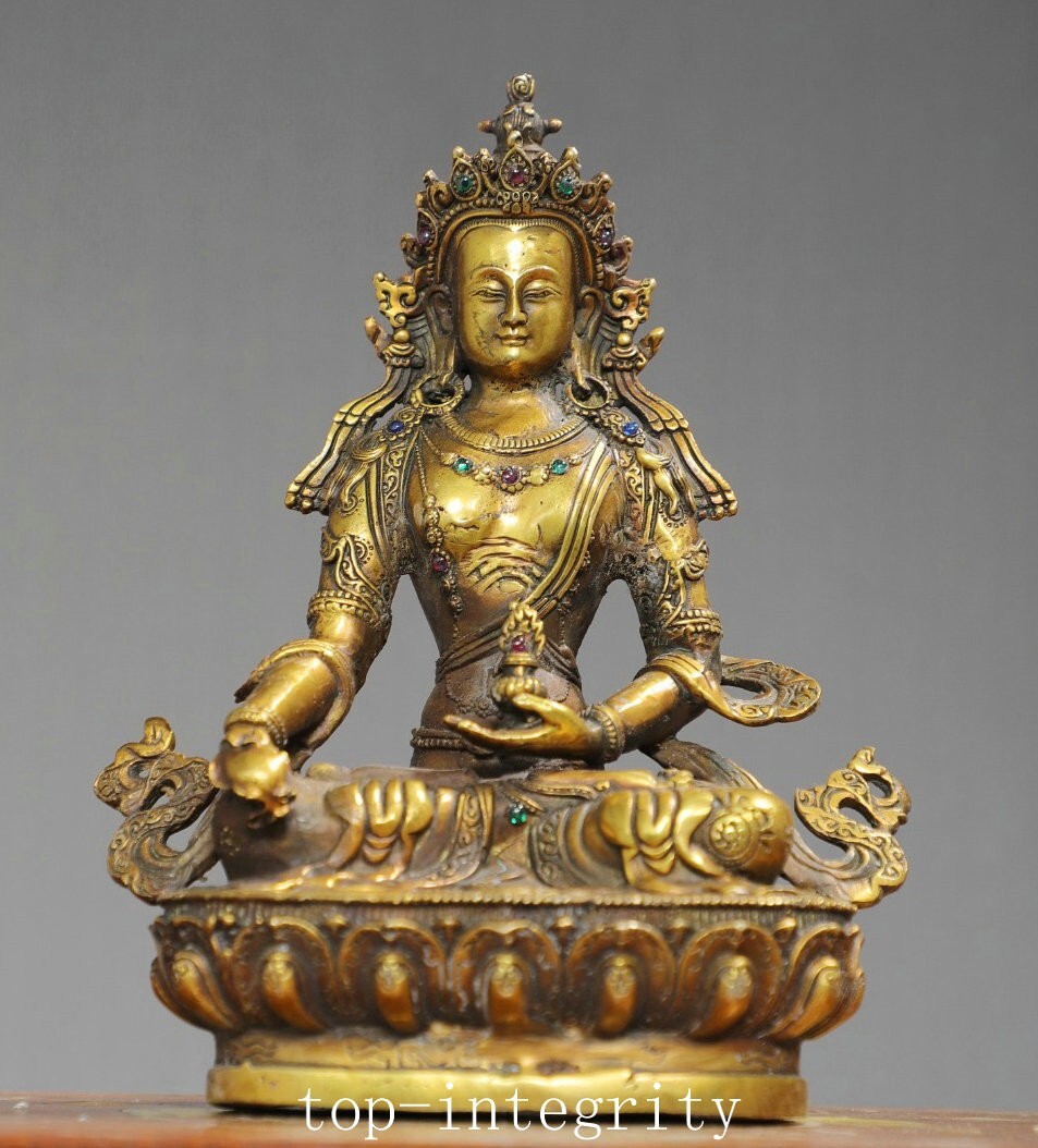 Tibet Pure Bronze Gilt Inlay Gems Amitayus longevity God Goddess Buddha Statue