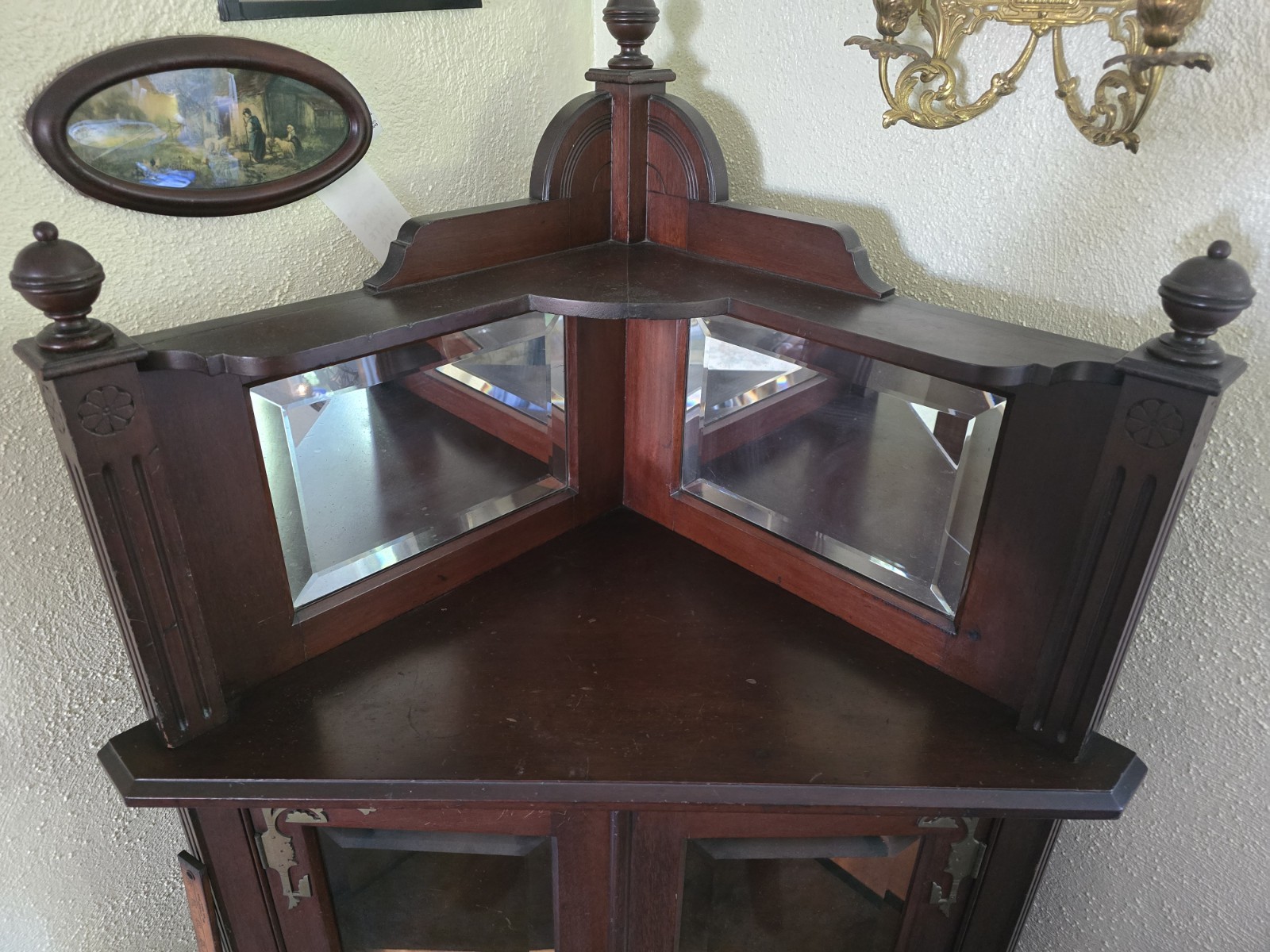 Unique Victorian Style Antique Corner Cabinet Glass and Mirror with Shelves