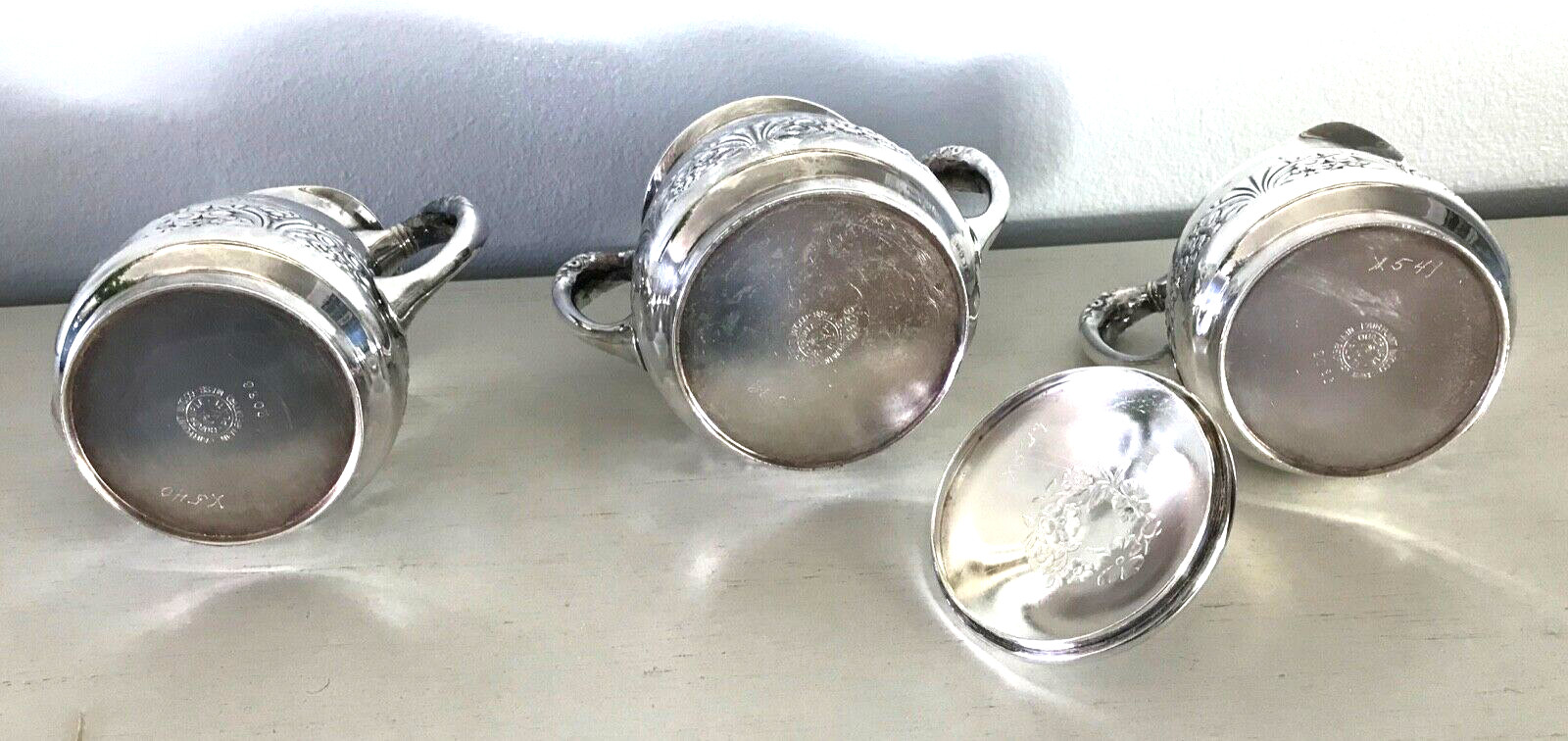 Antique Pairpoint Quadruple Silverplate Repousse 4 Piece Set Creamer Sugar etc.
