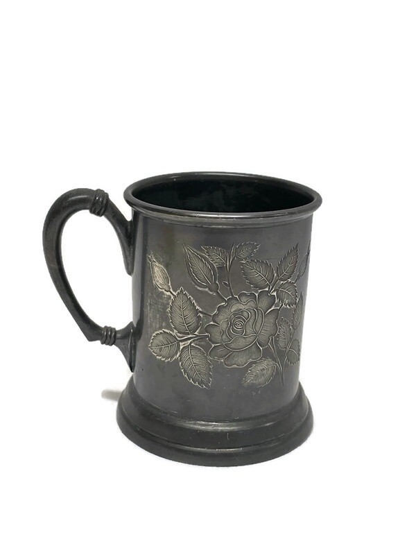 Antique VICTORIAN Silverplate Cup Engraved “C. M. V.” EMBOSSED FLOWERS 3.25”