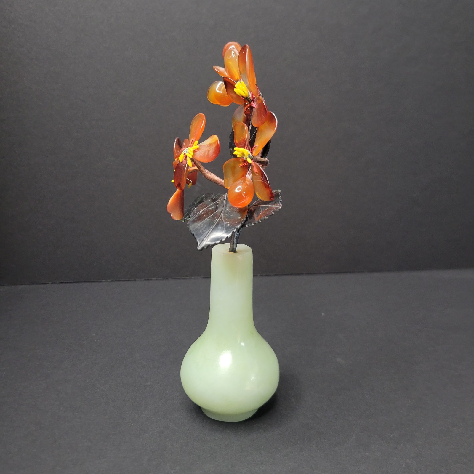 Chinese Agate Stone Jade Orange Red Glass Flower Floral Tree Marble Vase