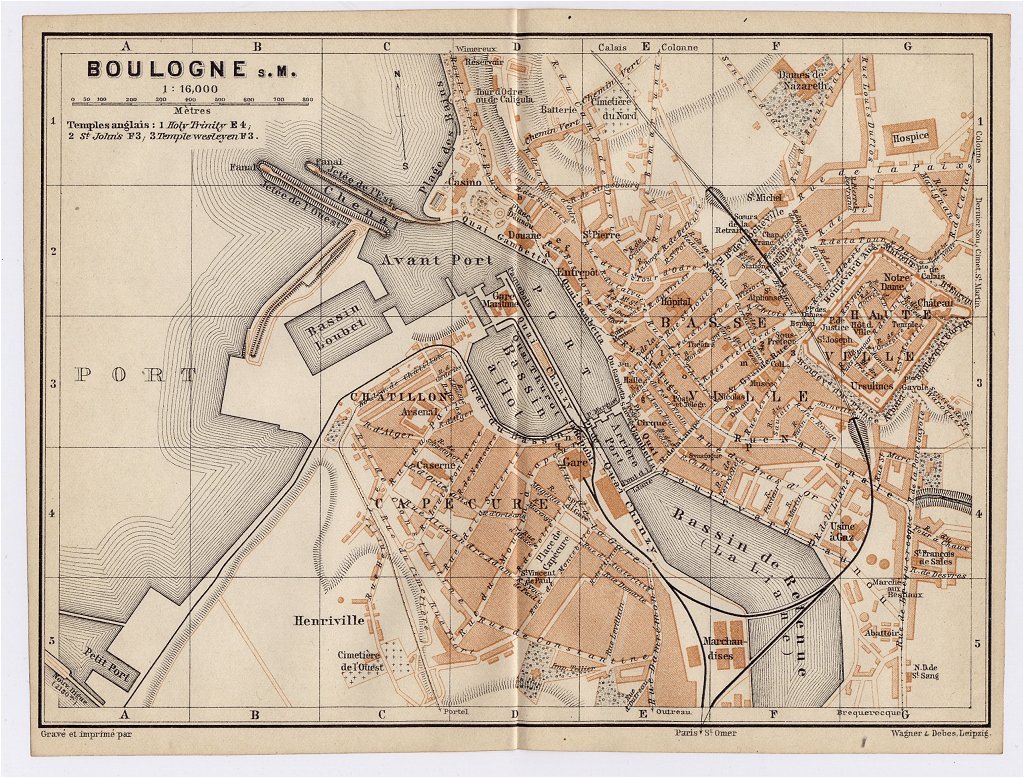 1905 ANTIQUE CITY MAP OF BOULOGNE-SUR-MER / PAS-DE-CALAIS / FRANCE