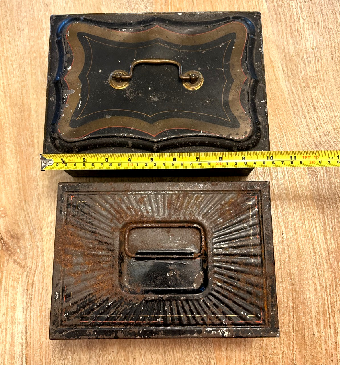 2 ANTIQUE TIN SECURITY BOXES Black Locks 0 Keys Rusty Primitive Fancy Metal Bins
