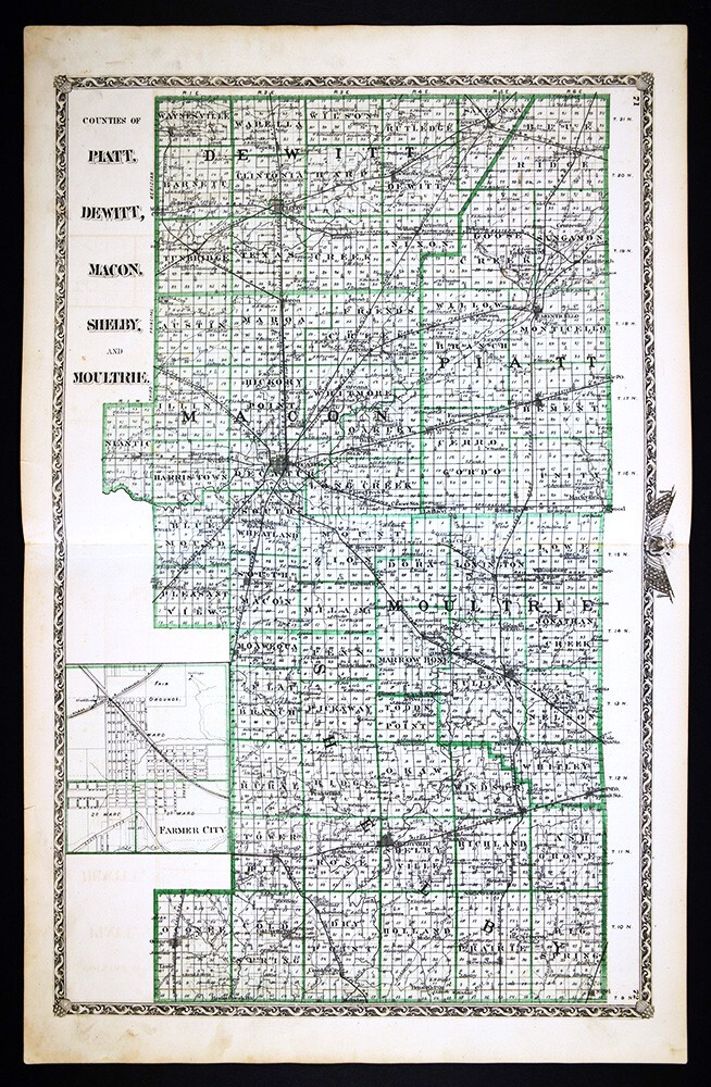 1876 Illinois County Map Platt Dewitt Macon Shelby Moultrie Decatur Clinton IL