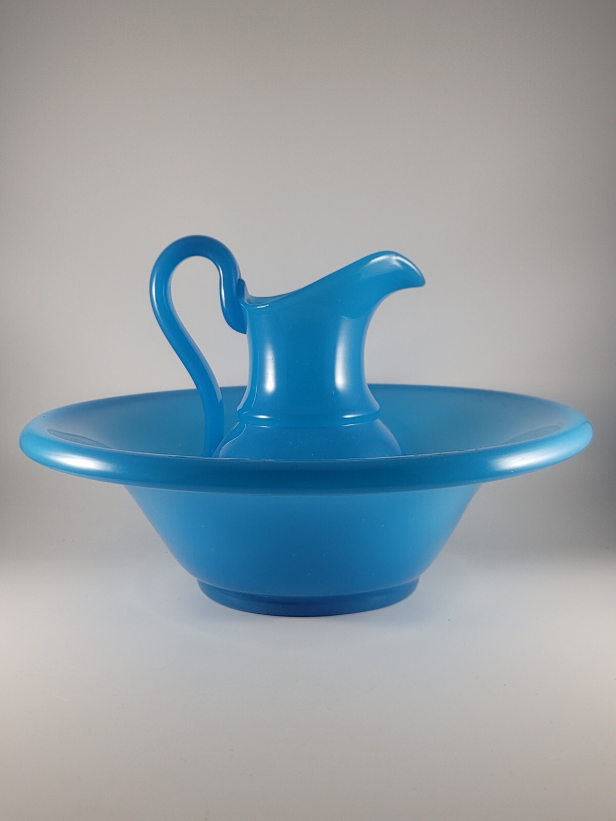 Antique Fizzy and Bubbly French Blue Opaline Glass Pitcher and Bowl Set