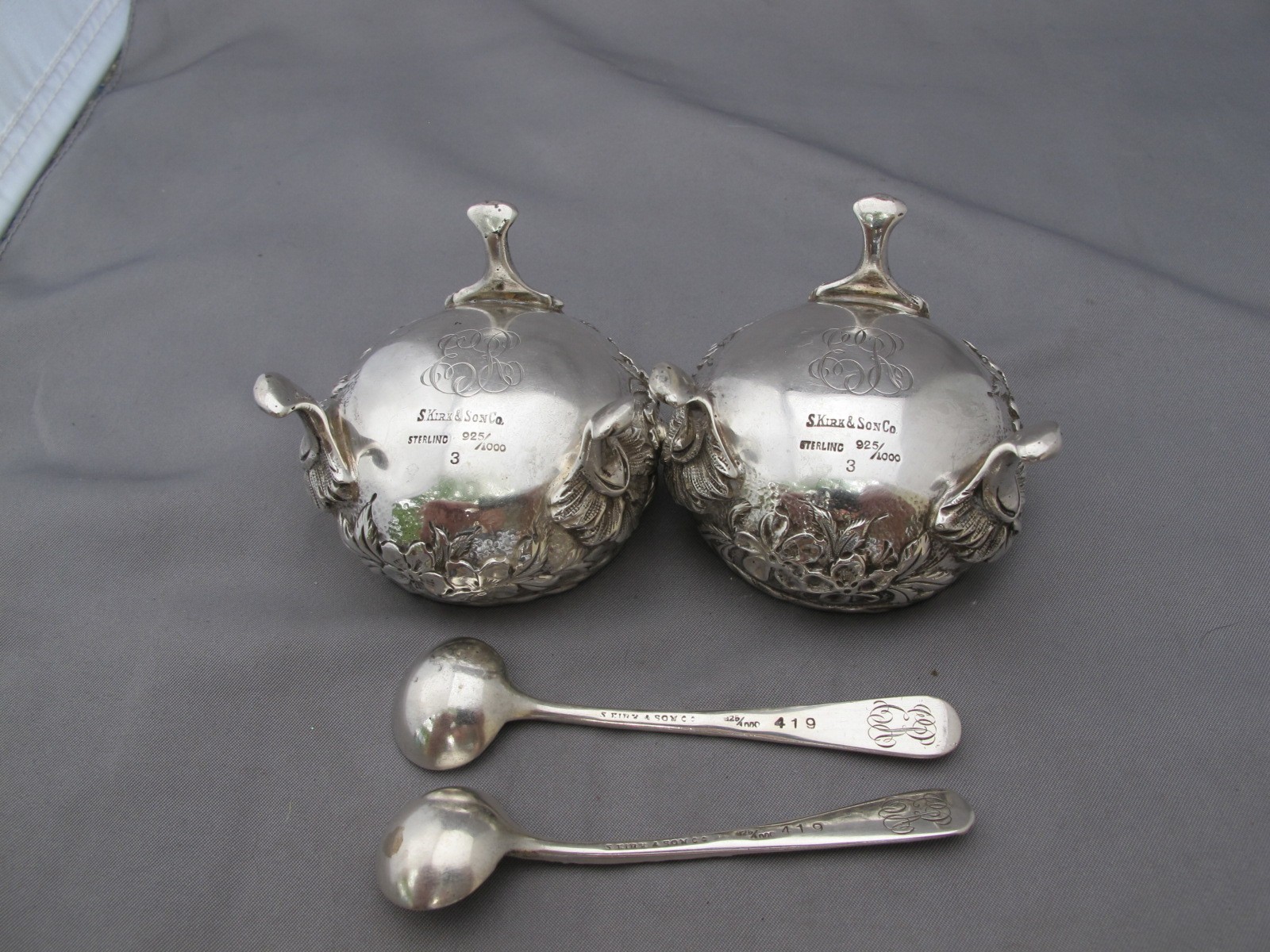 TWO Early KIRK REPOUSSE Sterling OPEN SALT & PEPPER SHAKER SETS-925/1000