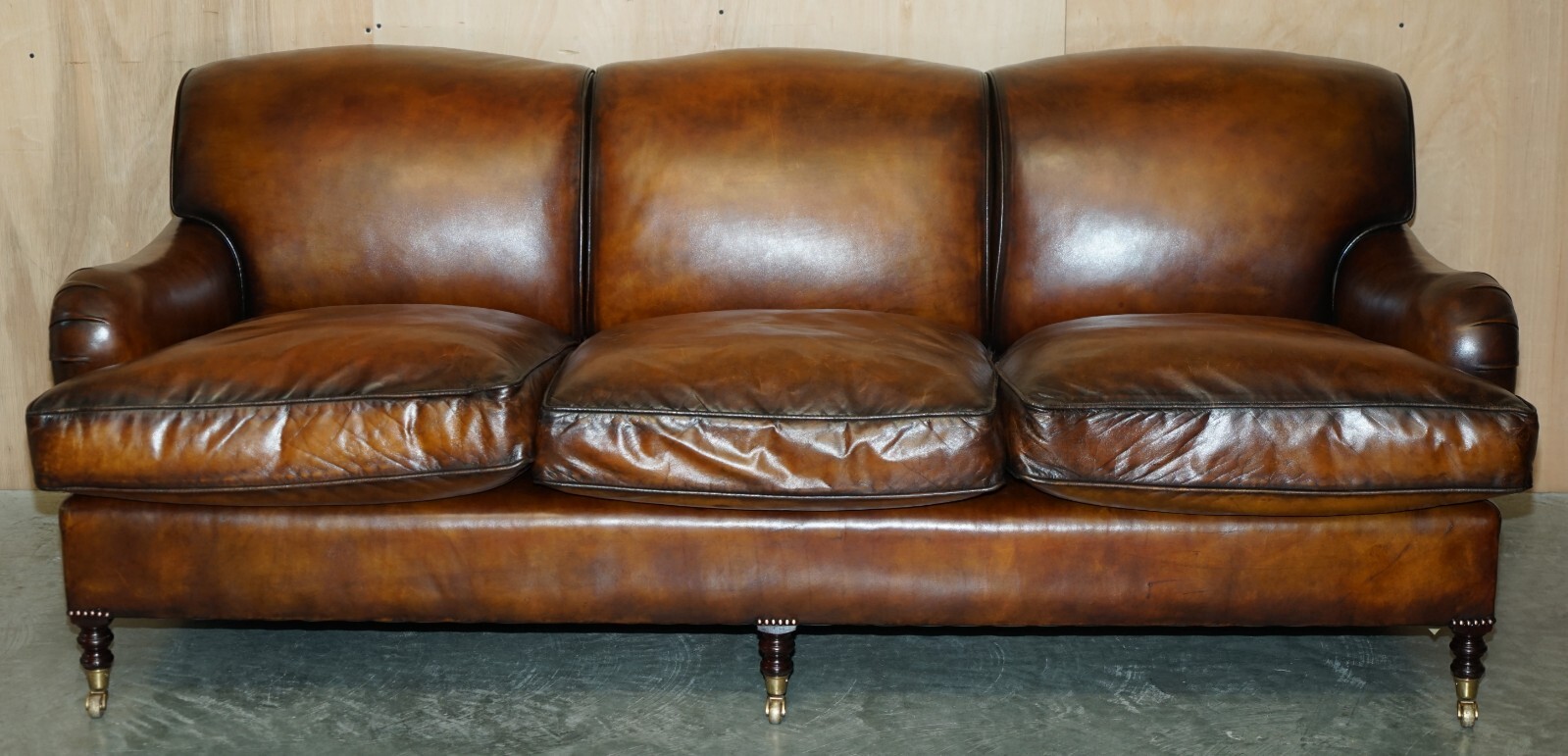 1 OF 2 LARGE GEORGE SMITH HOWARD & SON’S BROWN LEATHER SIGNATURE SCROLL ARM SOFA