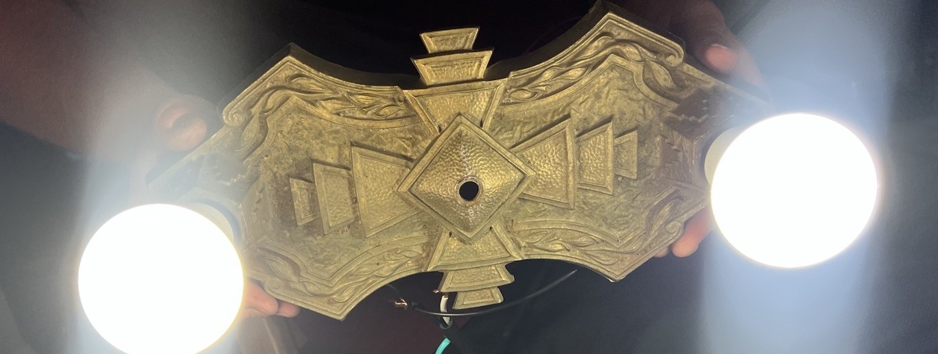 Antique 1920 Bare Bulb Flush Ceiling Brass?gold Light Fixture Art Deco / Nouveau