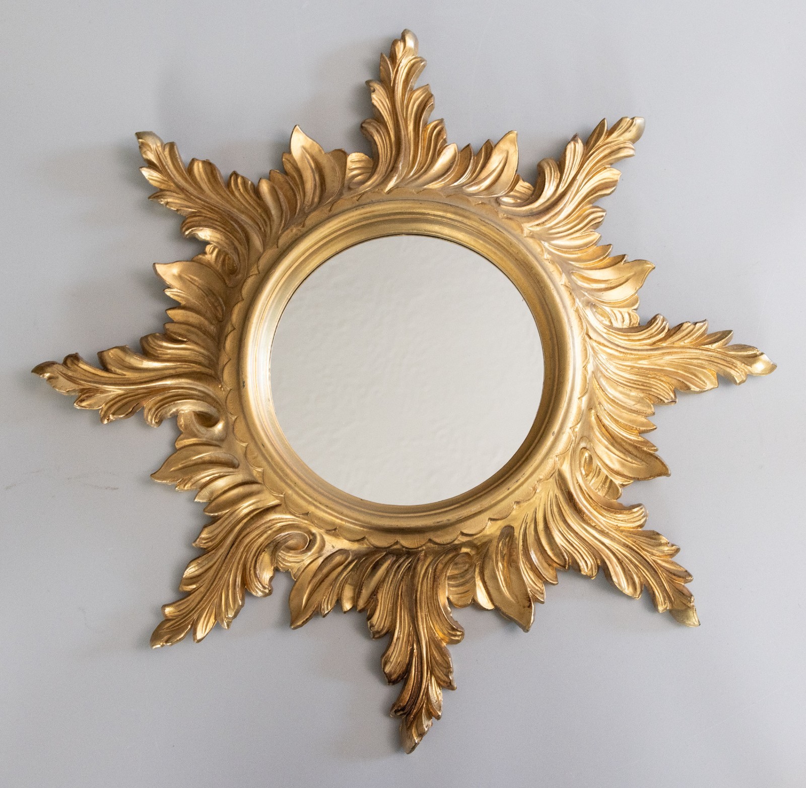 Vintage Mid Century Italian Gold Gilt Resin Sunburst Starburst Mirror 19.75″