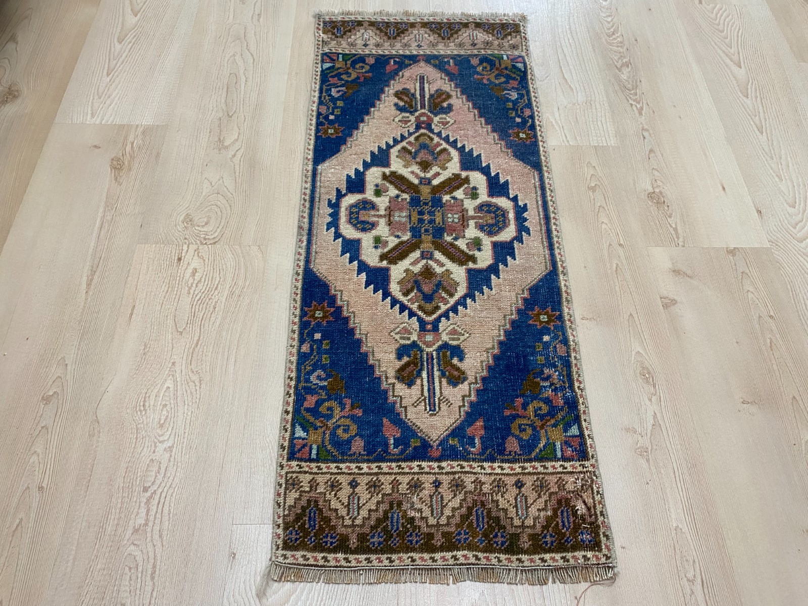 Narrow Turkish Small Rug 1.3 x 3.2 ft Vintage Wool Hallway Boho Carpet