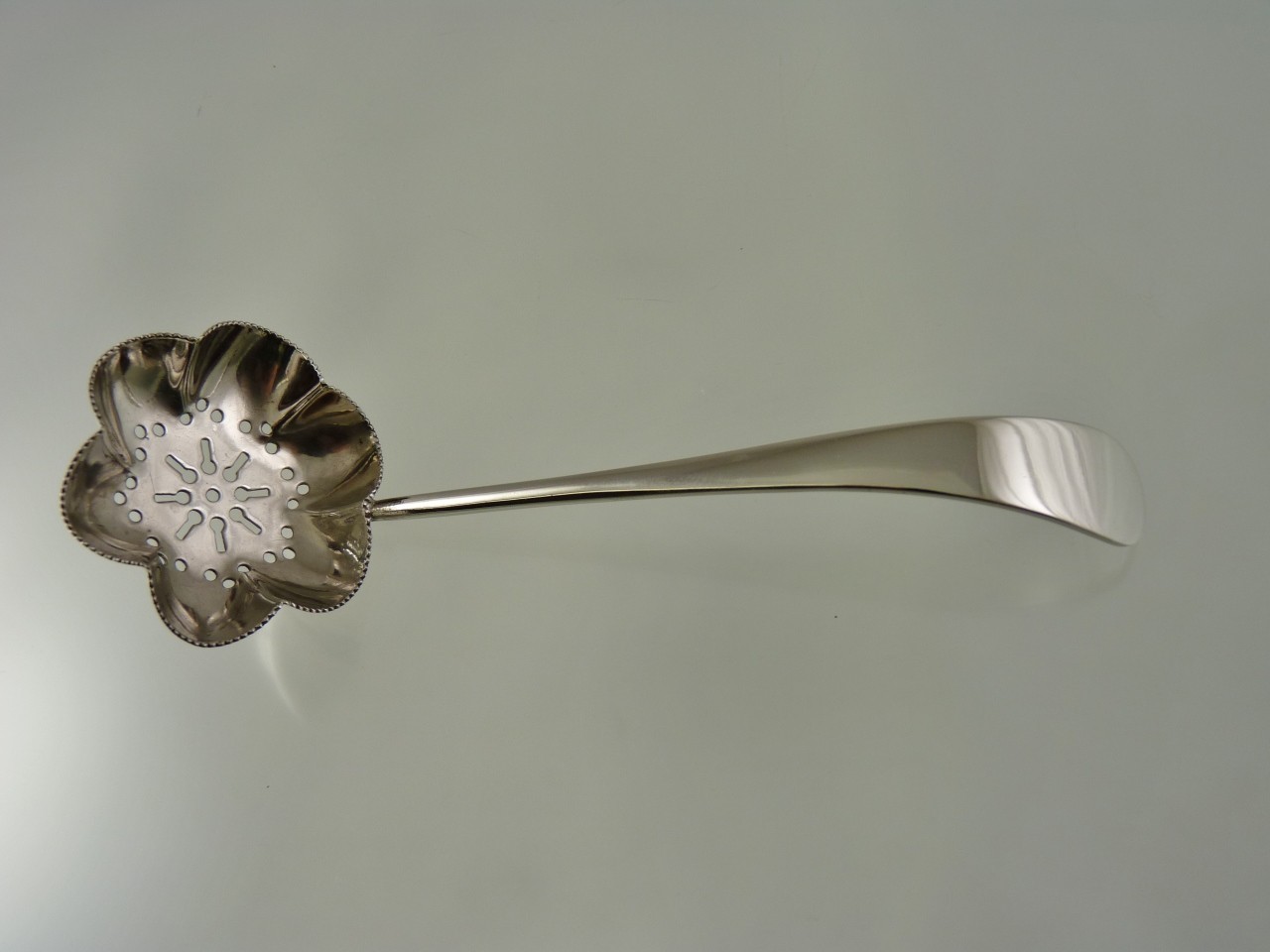 OLD ENGLISH or PLAIN FLUTED BEAD RIM SUGAR SIFTING LADLE BY JOHN GILBERT