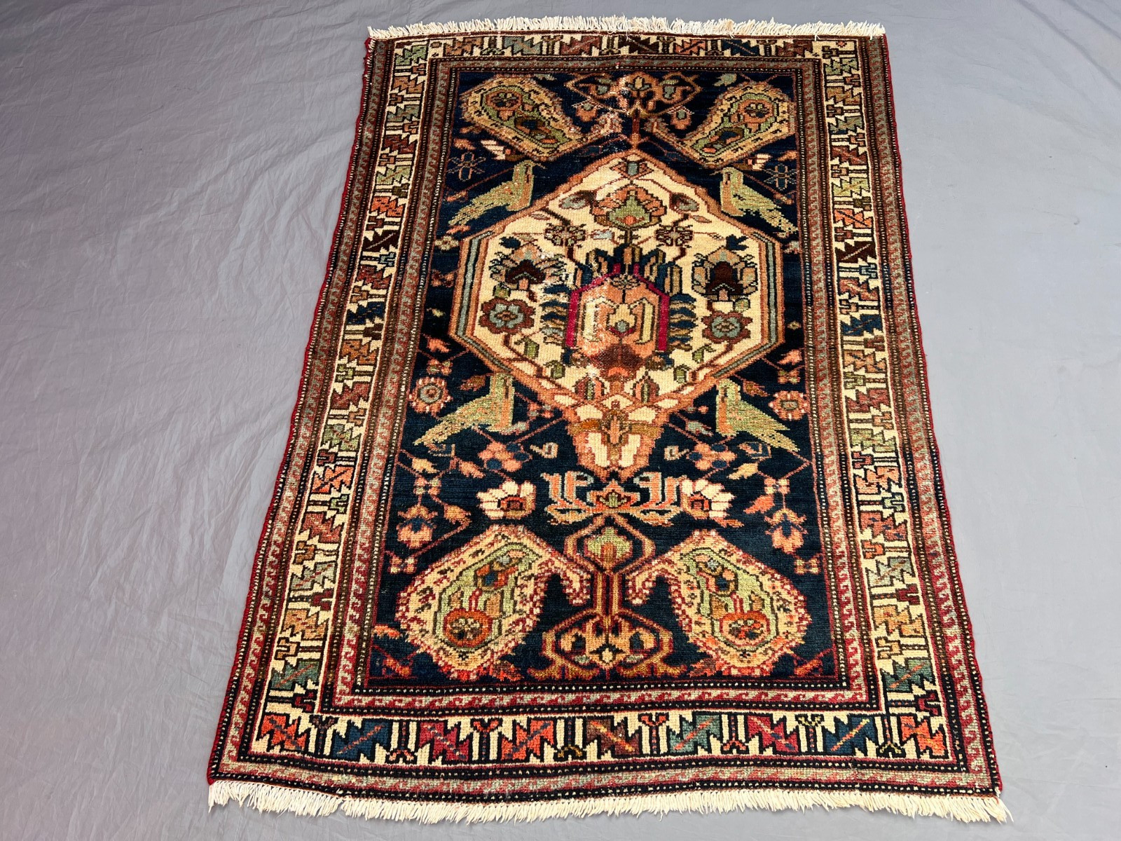 3’5×4’10 Ft Vintage Caucasian Style Rug Blue Tribal Medallion Wool Carpet