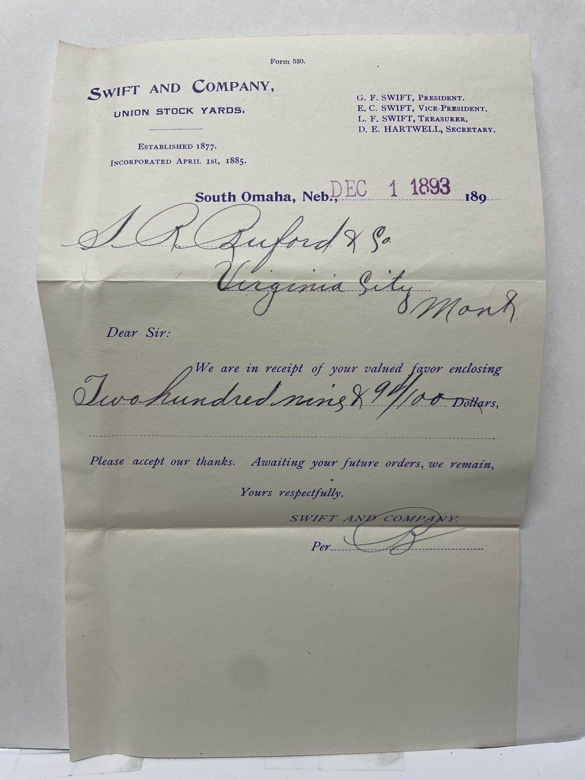 Swift & Company 1893 Union Stock Yards South Omaha NE Mercantile Receipt Letter
