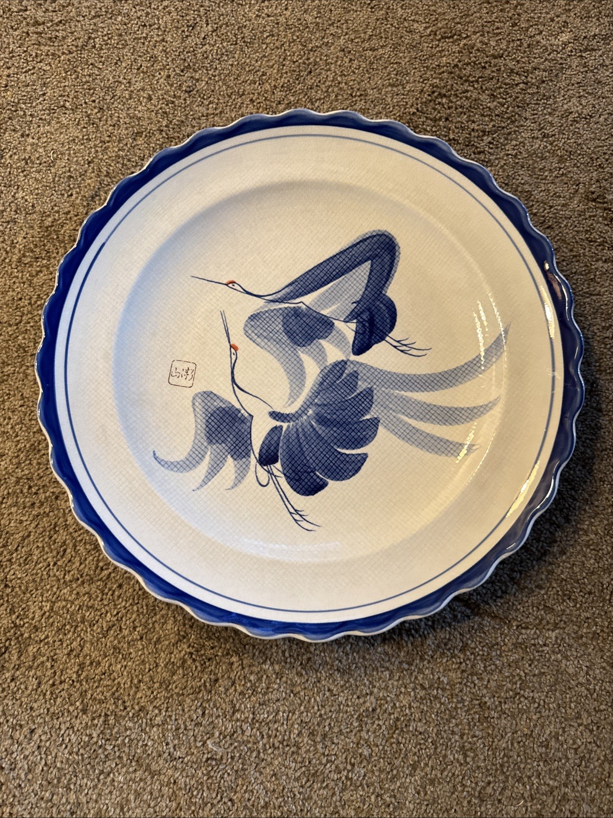 Antique Blue & White Plate Flying Cranes 16” Platter Hand Painted In Ono Japan