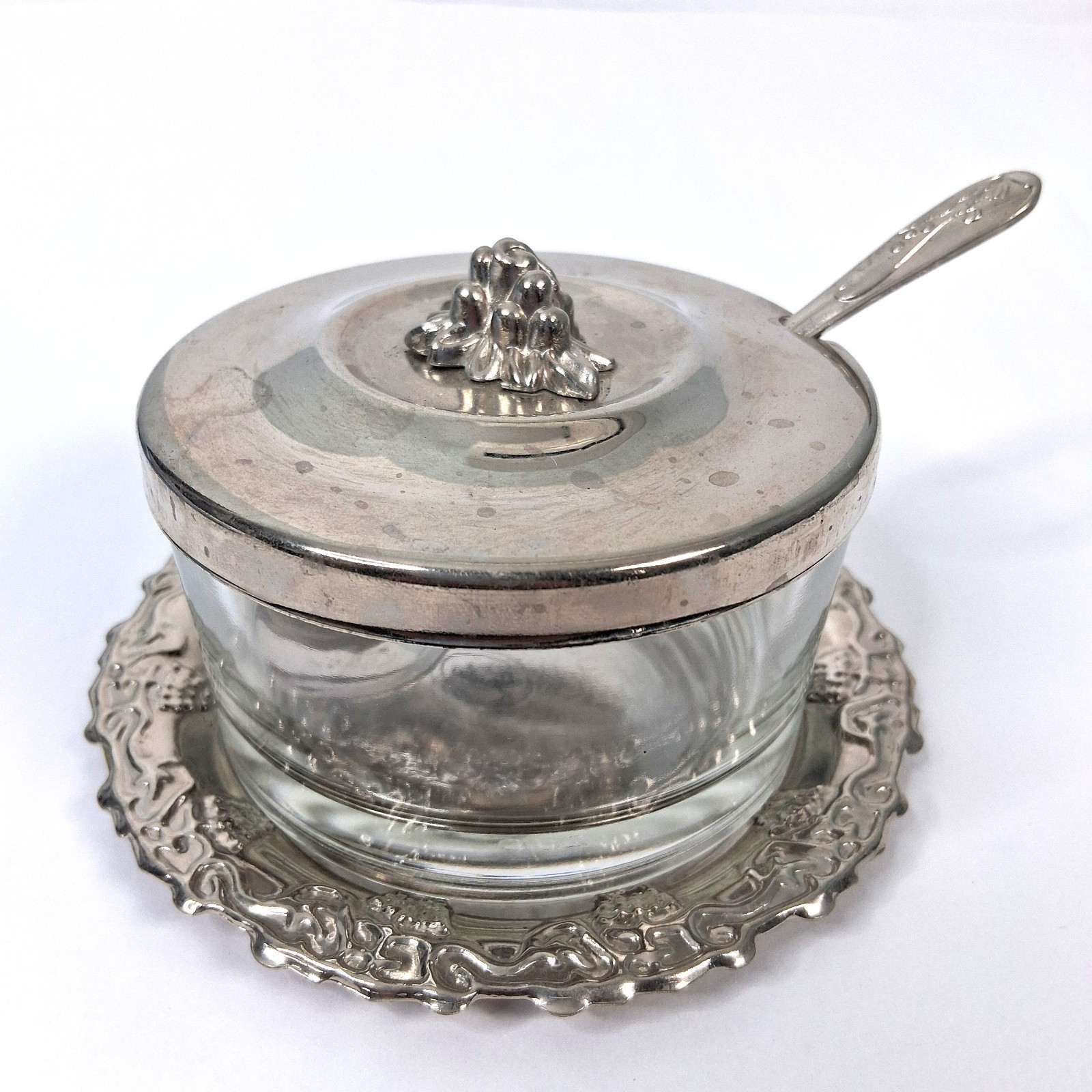 Victorian Style Condiment Jam Preserves Glass Lid & Spoon Embossed Repousse VTG