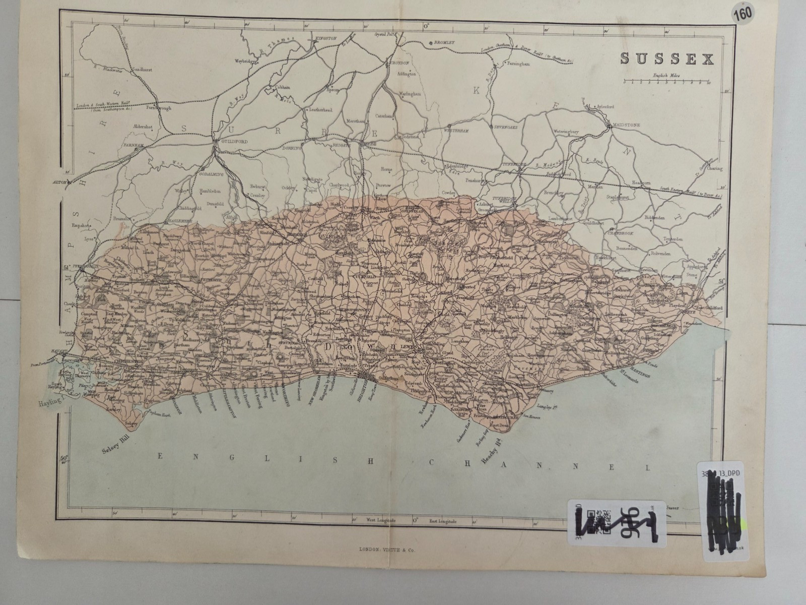 London Virtue & Co sussex Map Vintage 13.5″ X 10.5″ Old