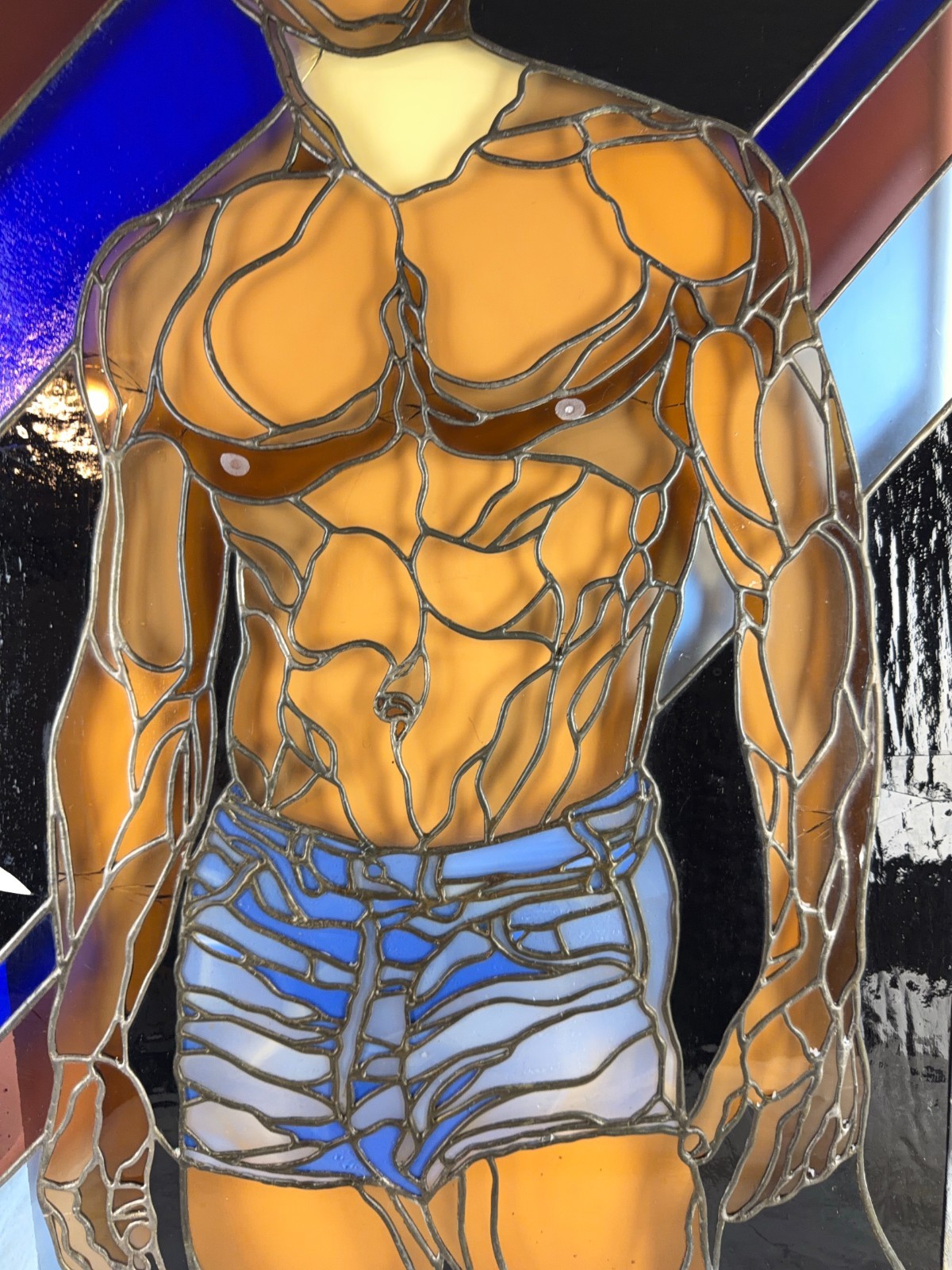 Large 33″ 1970s Stained Glass Panel Manner of Wayne Smith Man in Shorts Gay Int