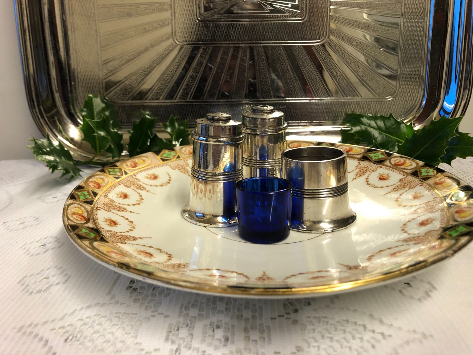 Antique Royal Albert Crown China Lovain Plate & Walker Hall Silver Plate Cruet