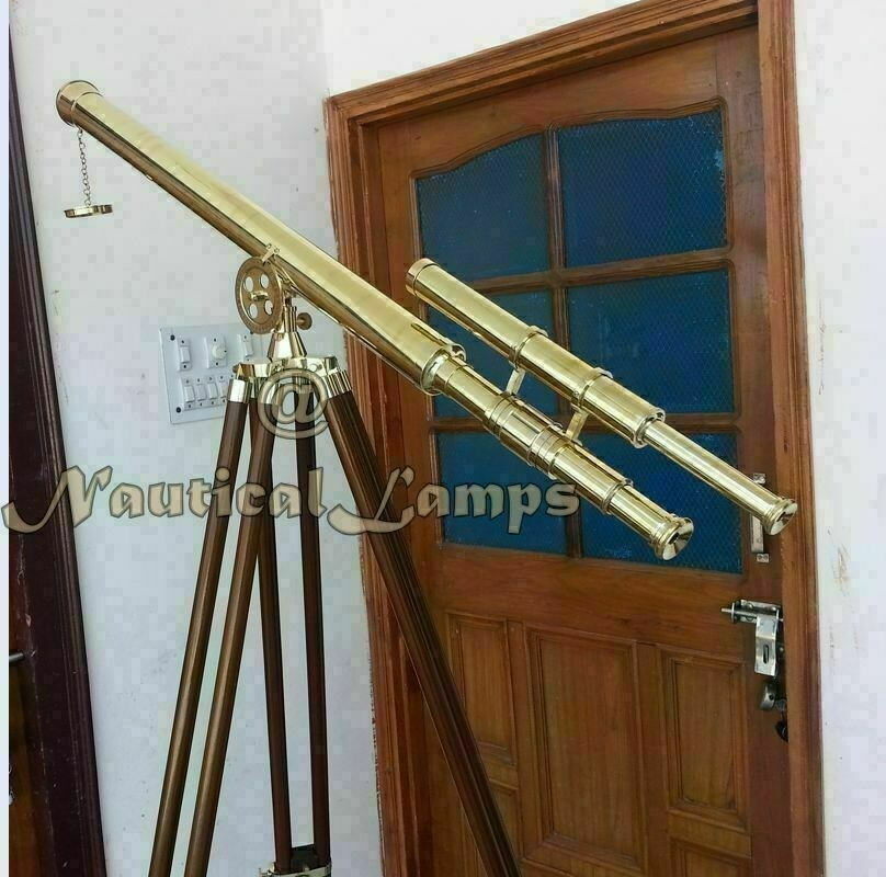 39″ Solid Brass Double Barrel Griffith Astor Telescope With Wooden Tripod Stand