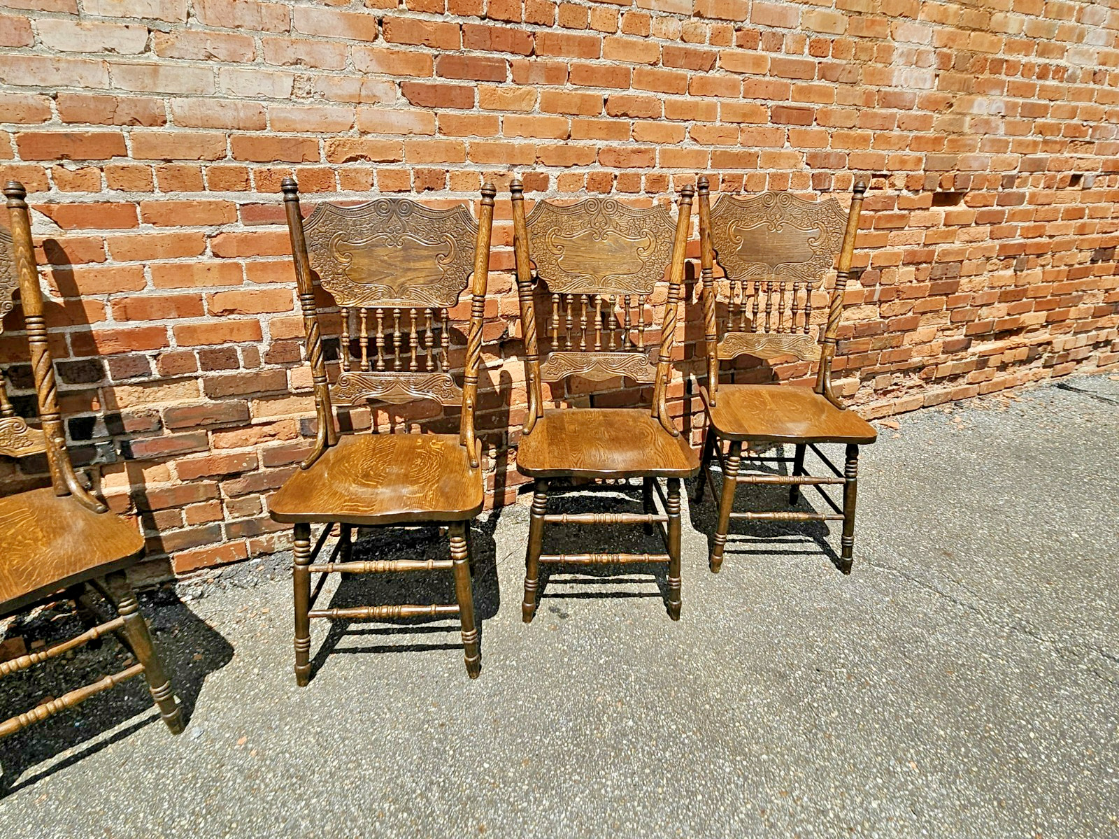 Vintage Solid Oak Pressed Back Dining Chairs – Rare set of 8