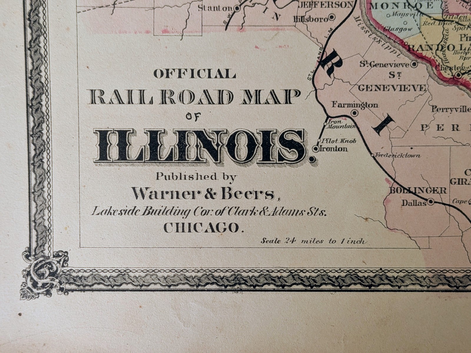 1872 Illinois Railroad Map Warner Beers Antique Atlas Chicago Railroads Original