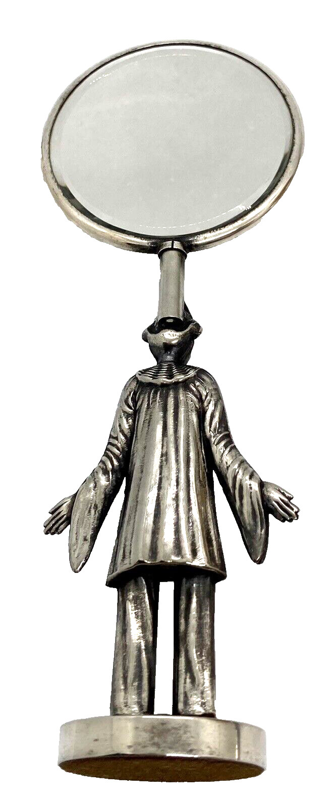 OLD SILVER ANTIQUE/VINTAGE SMALL VANITY TRAVEL MIRROR CLOWN PIERROT HANDLE, 7 in