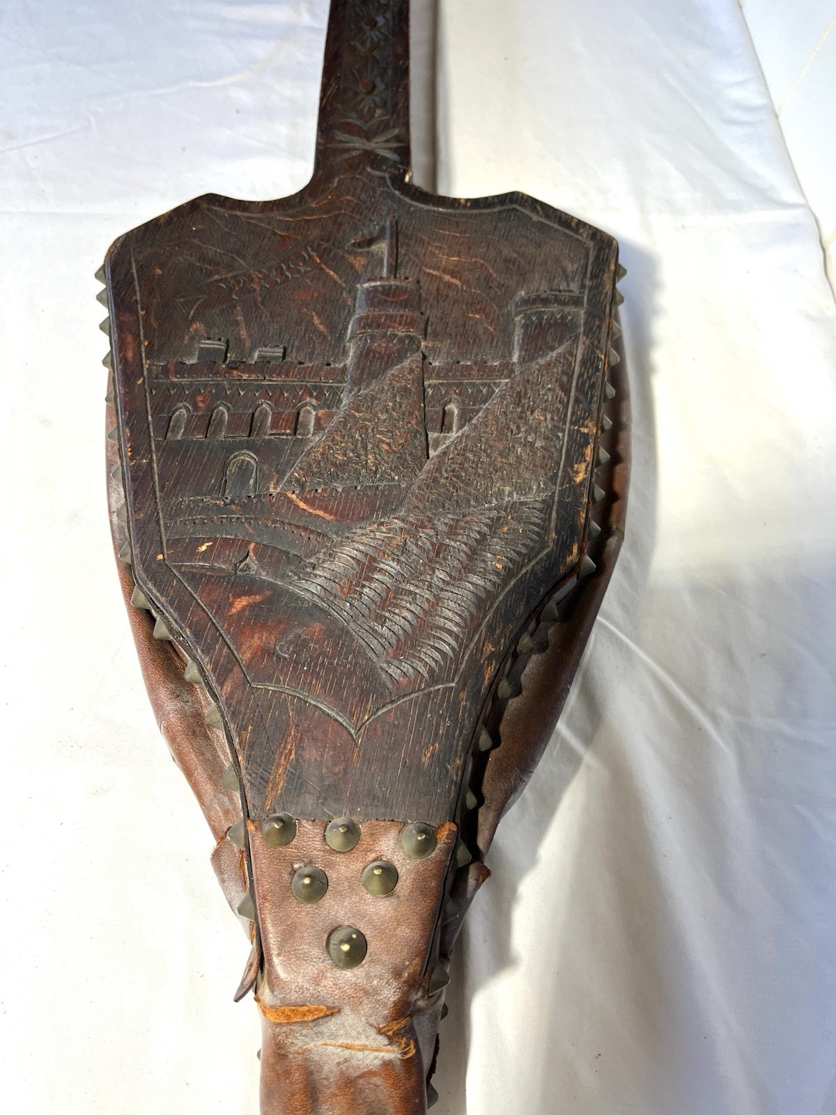 Antique Victorian Fireplace Bellows – Warwick Castle Motif, Circa 1800’s