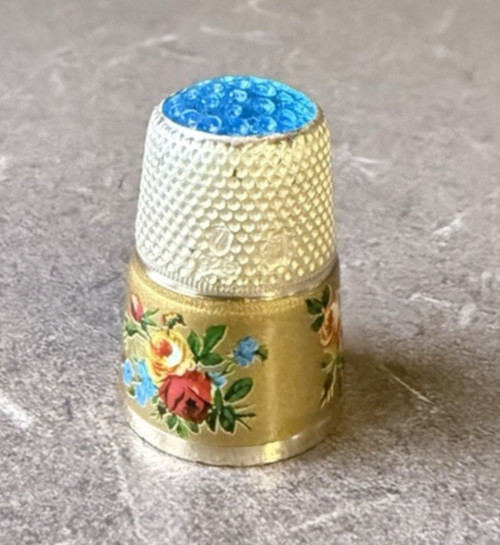 Vintage Sterling Silver Enameled Floral Thimble Sky Blue Glass Top Crown Size 7