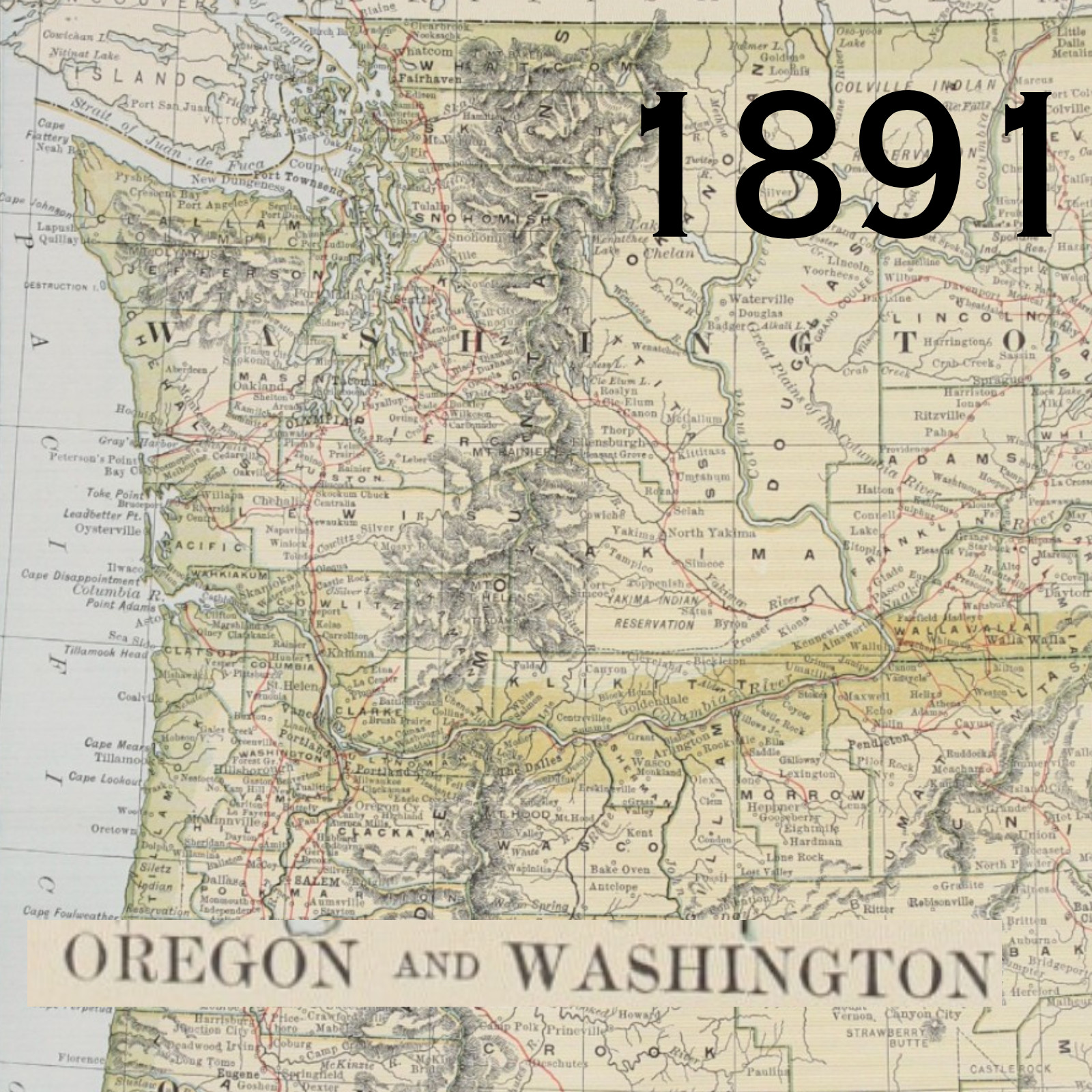 1891 OREGON MAP WASHINGTON ANTIQUE FULL COLOR RAILROADS MOUNTAINS VICTORIAN ERA