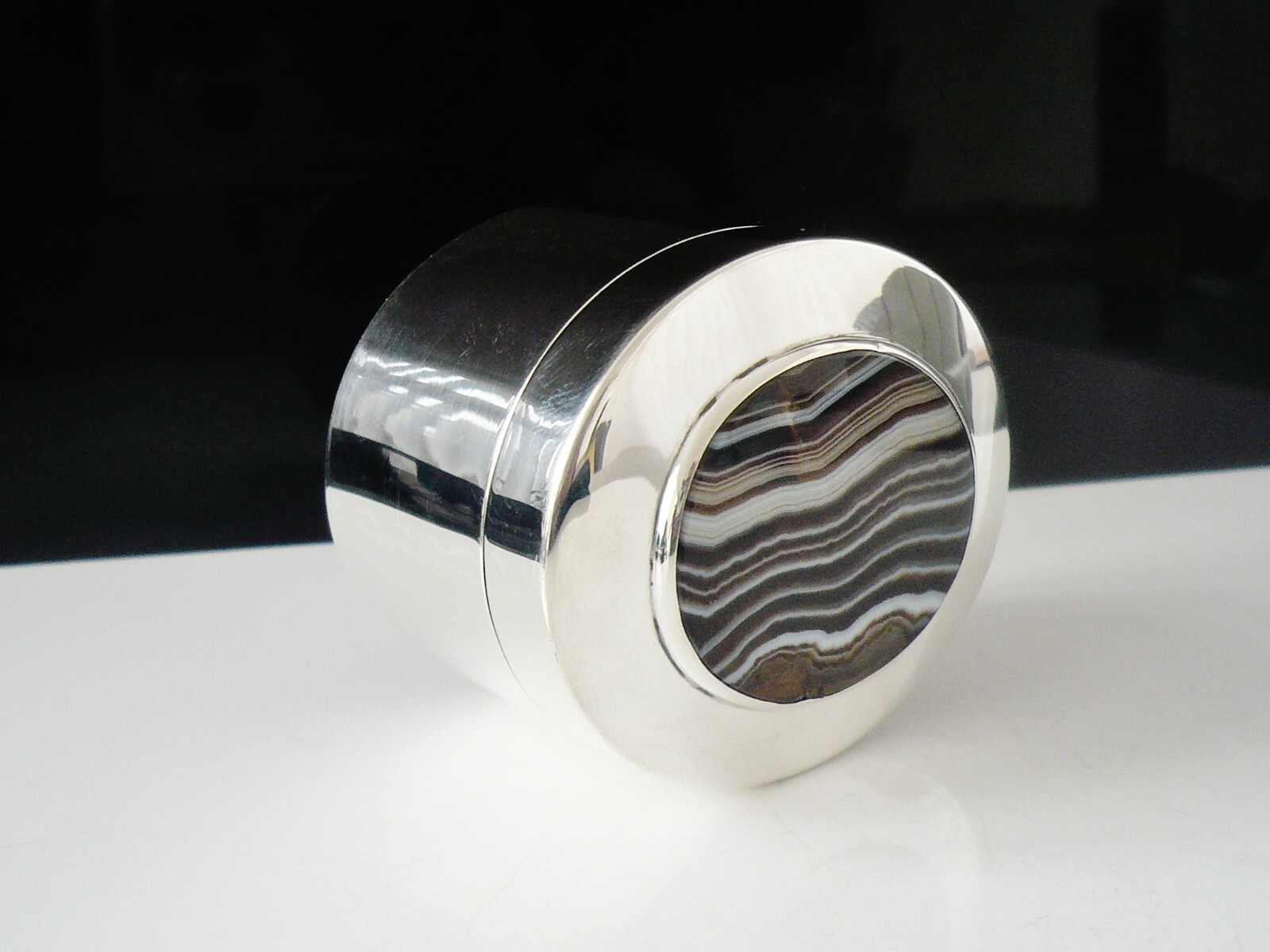 Sterling Silver Box , Large Agate Set Lid, Thomas Ducrow, Birmingham 1903