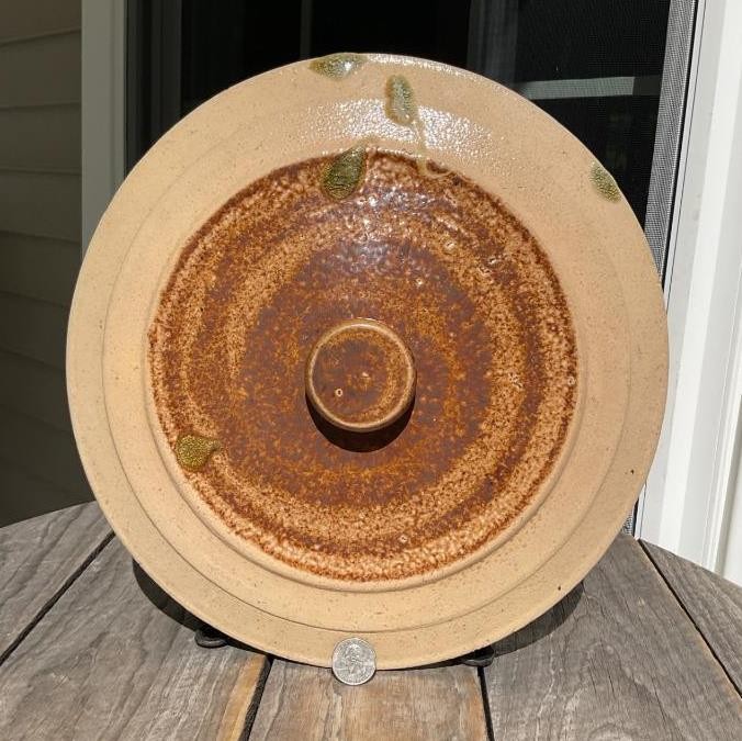 Antique Salt Glaze Ochre Brown Stoneware Dome Top Crock Lid Button Knob 12.75″ D