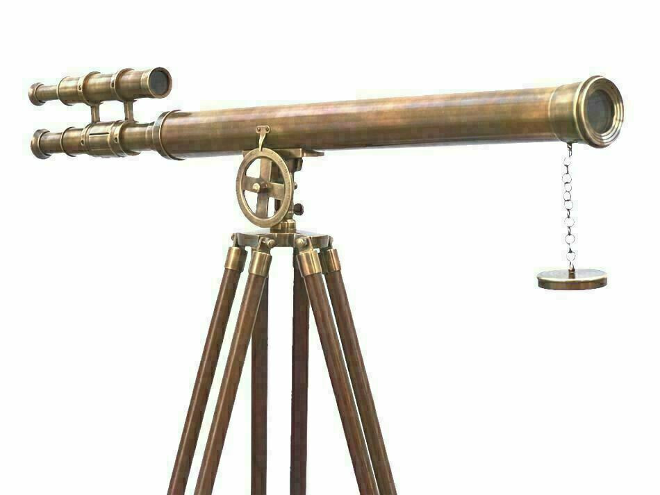 Antique nautical floor standing brass 39 inch telescope with wooden tripod stand