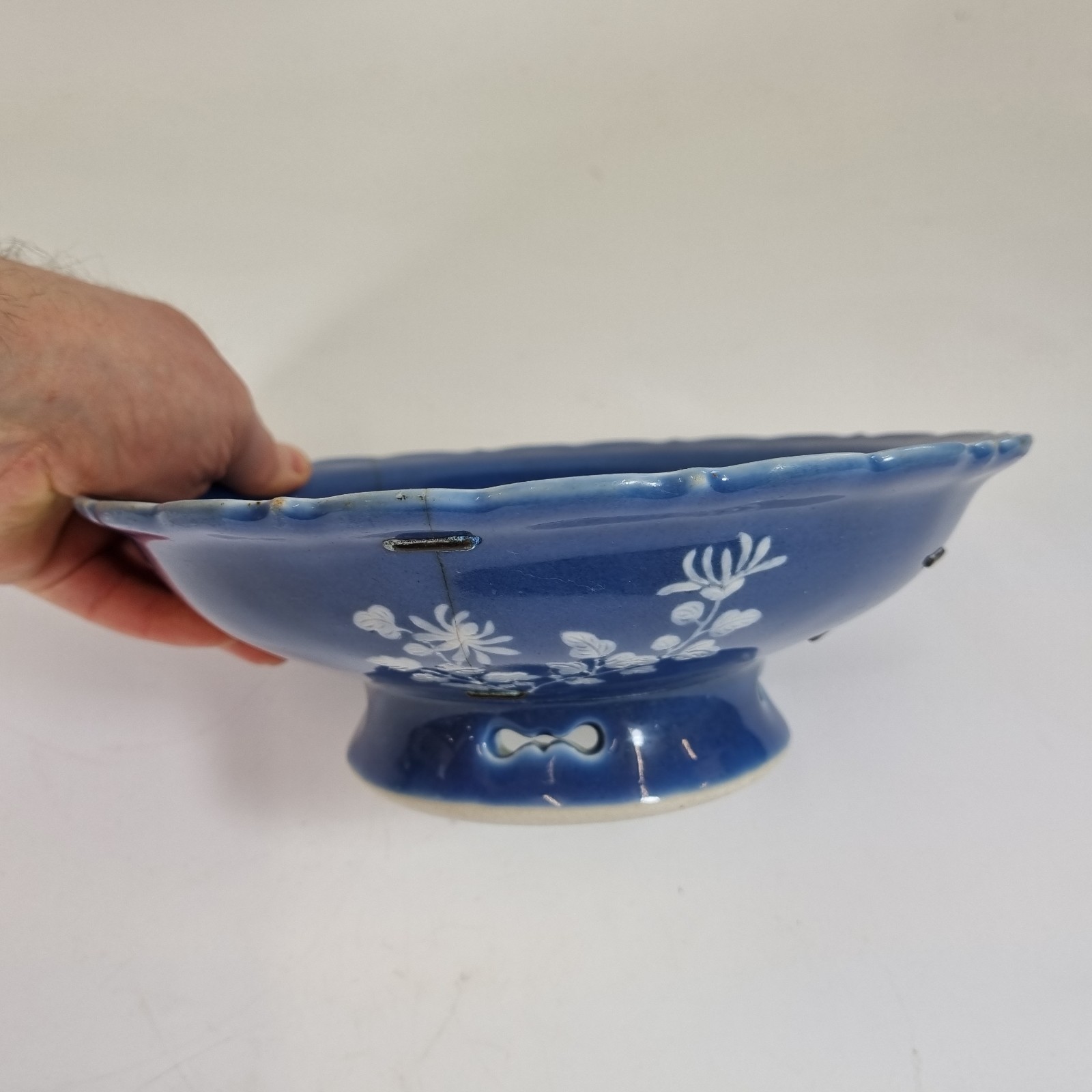 Antique Chinese Blue Glazed Footed Bowl White Decoration Chrysanthemums Etc 23cm