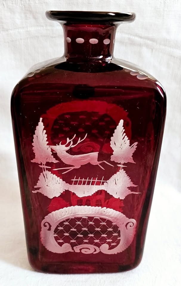 Vintage Egermann Ruby Red Etched Glass Decanter Bohemian Czechoslovakia
