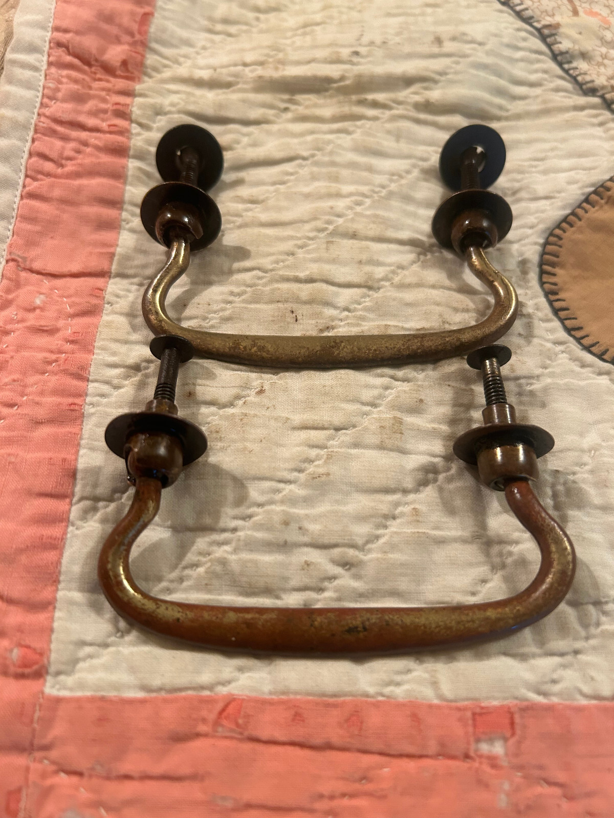 Pair Antique Brass Drawer Pulls, 3″ Mount, Lightly Cleaned, Free S/H