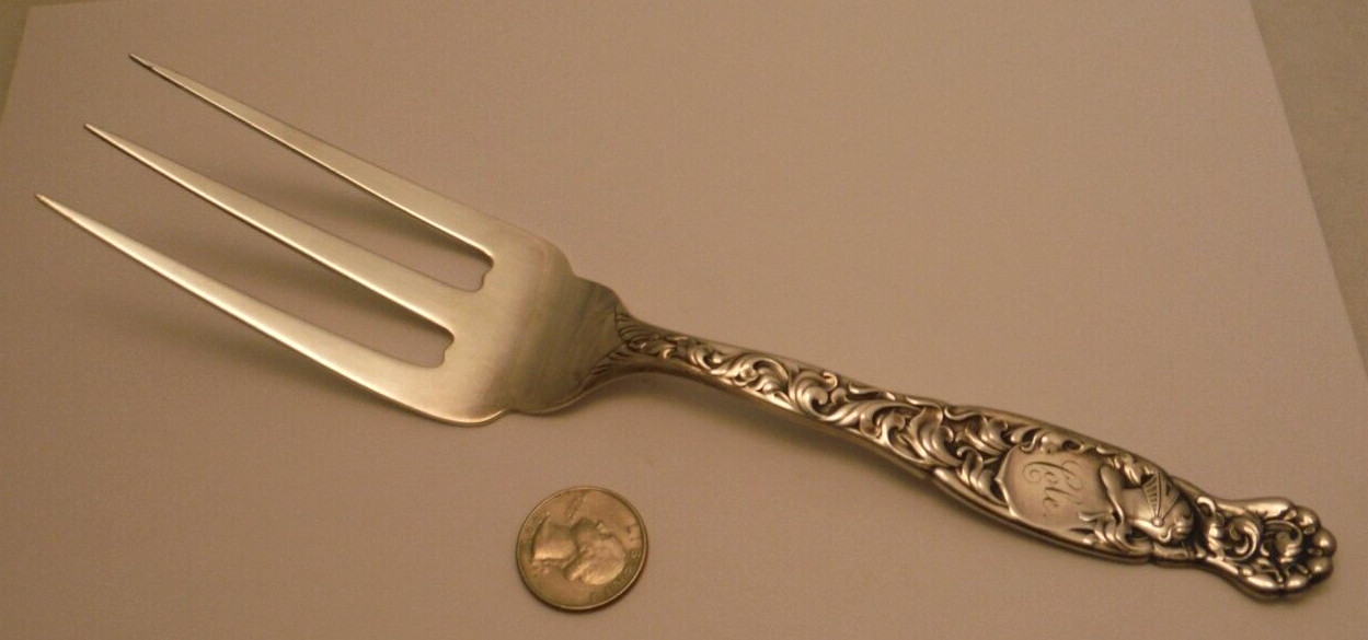 Whiting HERALDIC Sterling Silver BREAD SERVING FORK 9 5/8″ Figural Knight c1890~