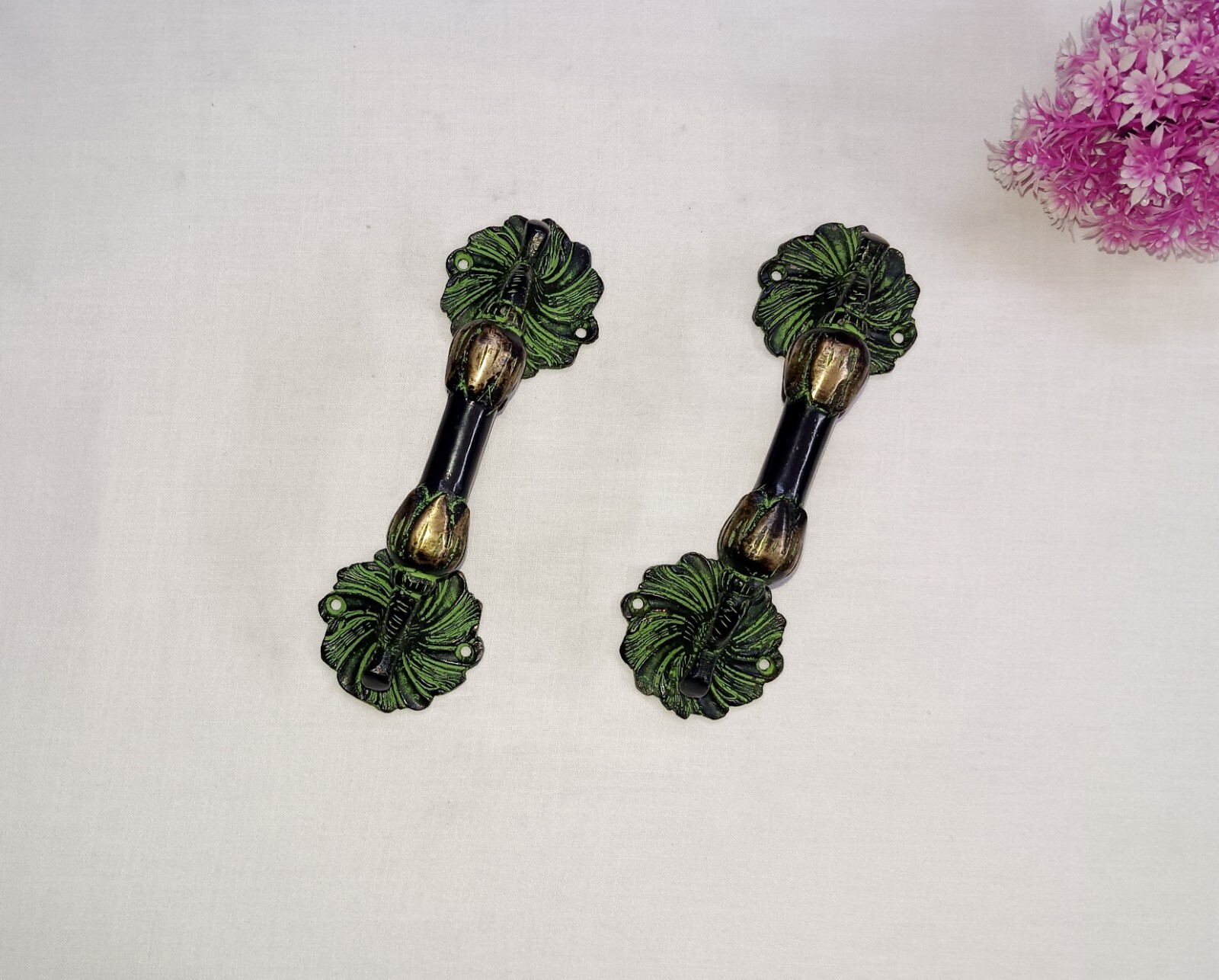 7.0″ Inch Sunflower Base Door Handle Pair Brass Victorian Floral Door Pull CA860