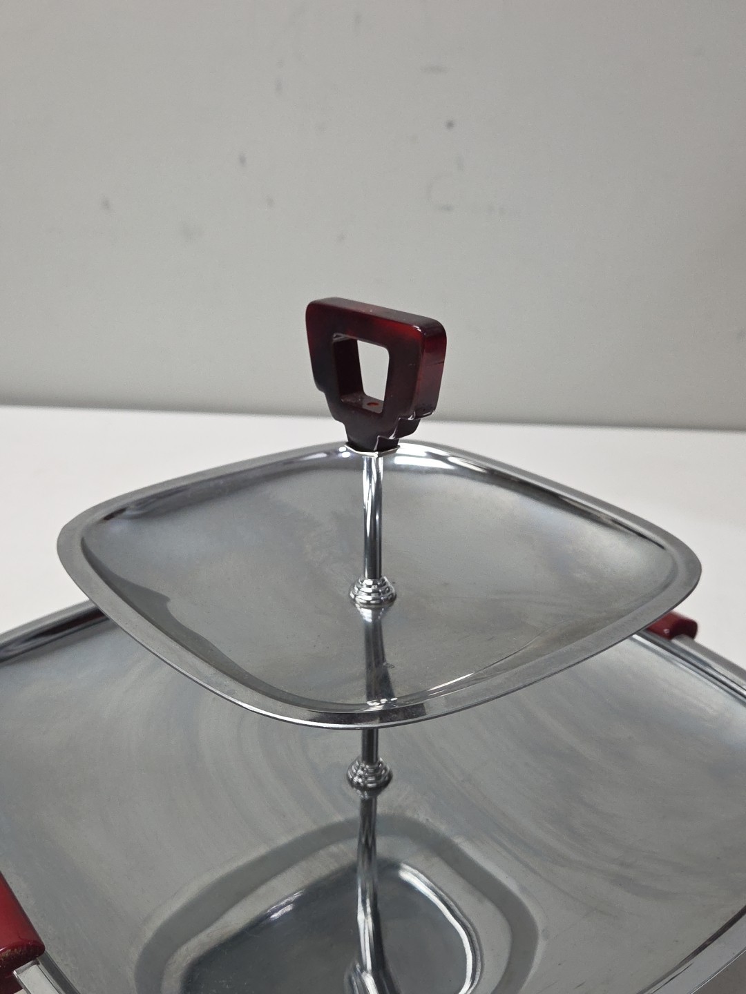 Vtg Glo-Hill Gourmates 2 Tier Serving Tray Chrome Cherry Bakelite Handles MCM