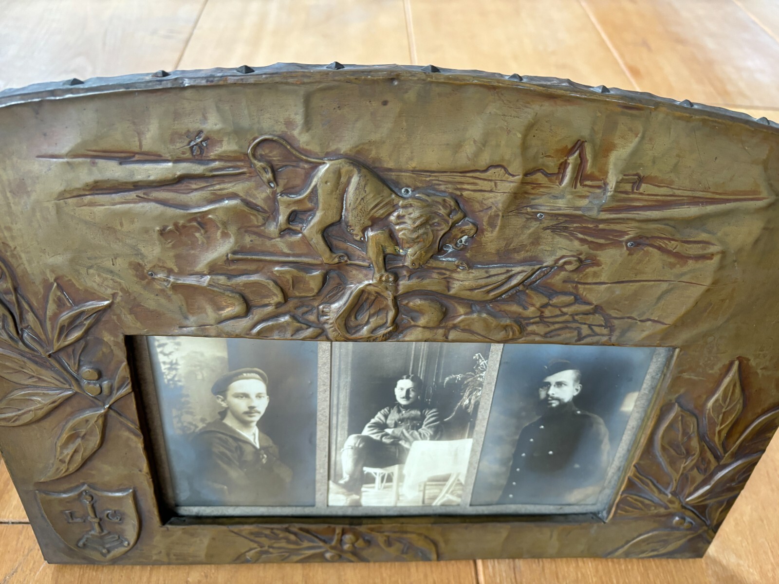 Large Antique Arts & Crafts Copper Repoussé Photo Frame 39cm x 29cm Marked LG
