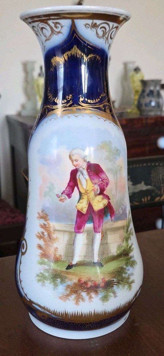 Gentleman Hand Painted Antique Porcelain Vase Continental European 19th Century